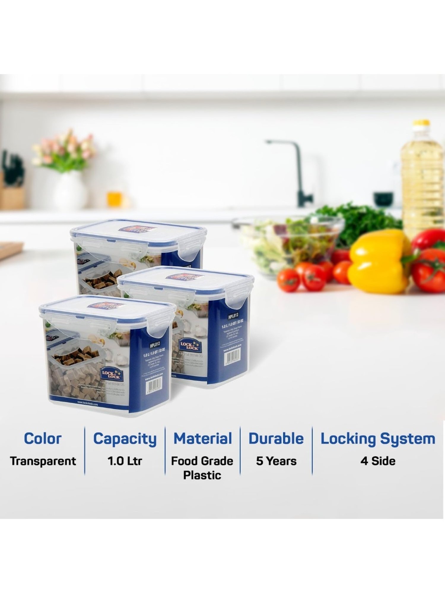 Lock & Lock Transparent Plastic Airtight Food Storage Containers with Lid - Set of 3