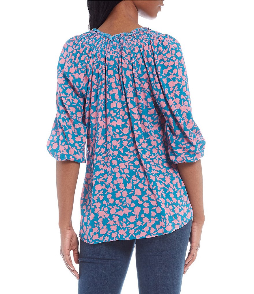 Bobeau Floral Print Smocked Notch V-Neck 3/4 Sleeve Top