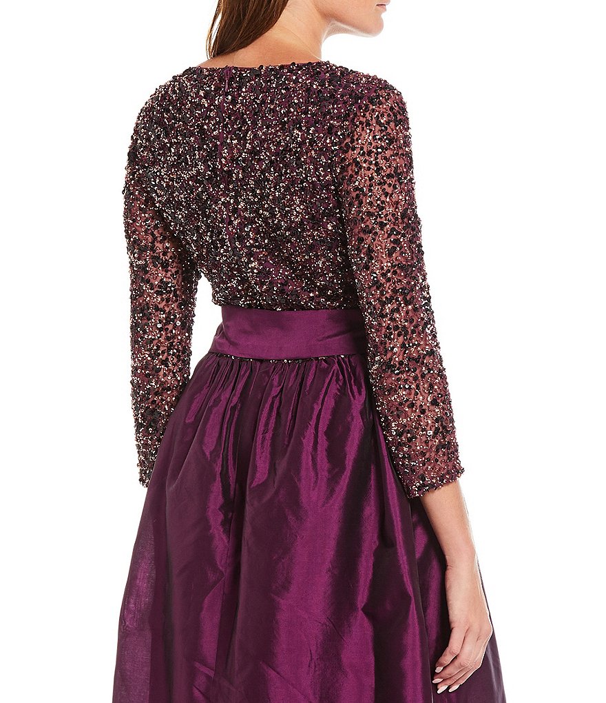 Pisarro Nights Beaded Bodice Taffeta Hi-Low Round Neck 3/4 Sleeve Dress