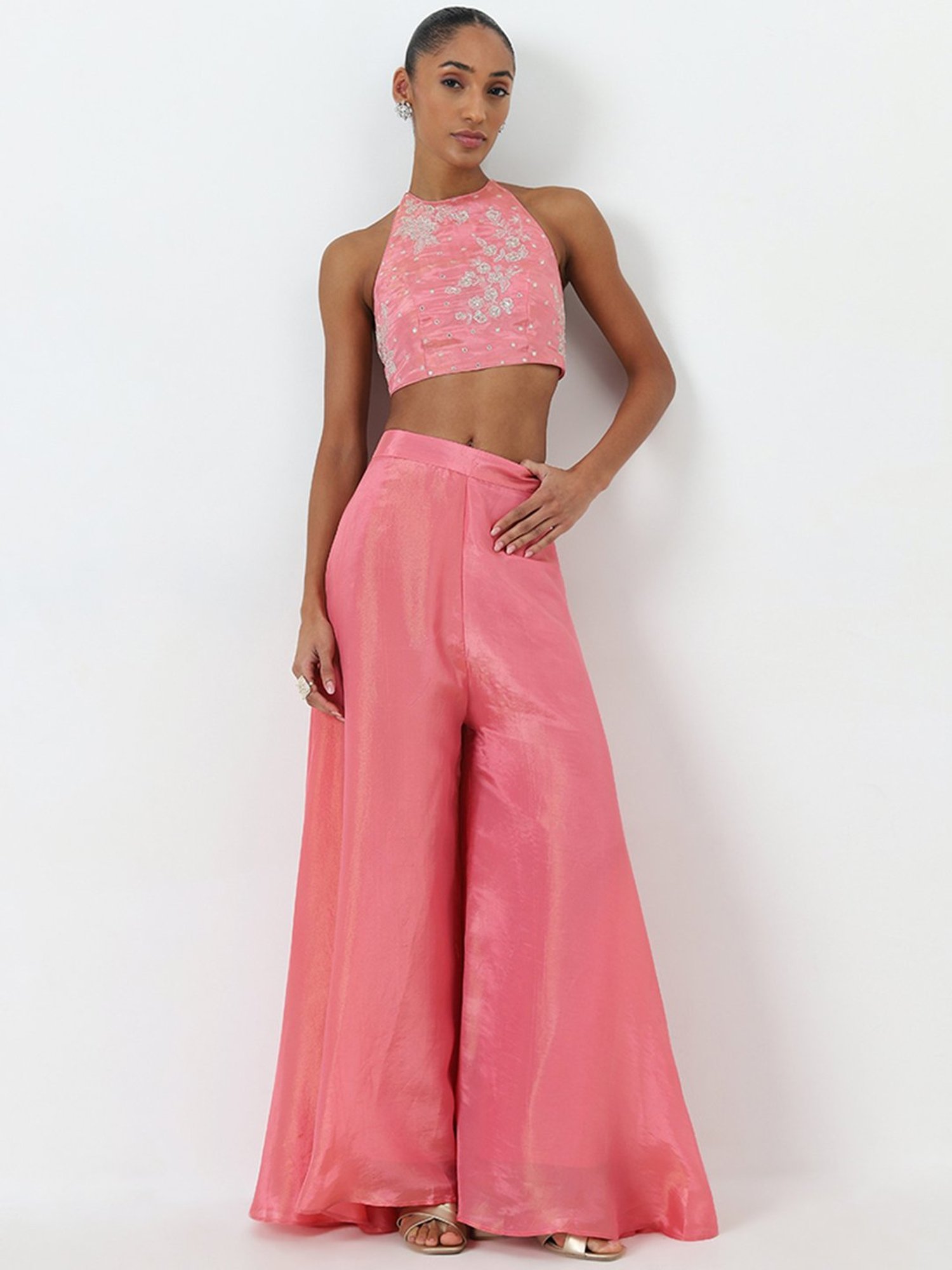 Vark by Westside Light Pink Floral Embroidered Top and Palazzos Set