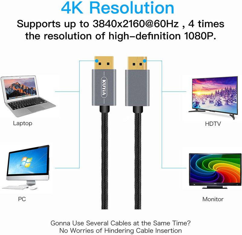 KUYIA DisplayPort Cable to DisplayPort Cable, 7 Feet Nylong Braided DP Cable 4K HD High Speed Display Cable for Gaming PC, Gaming Monitor, Laptop, TV - Gold-Plated Connector, Aluminum Alloy Shell