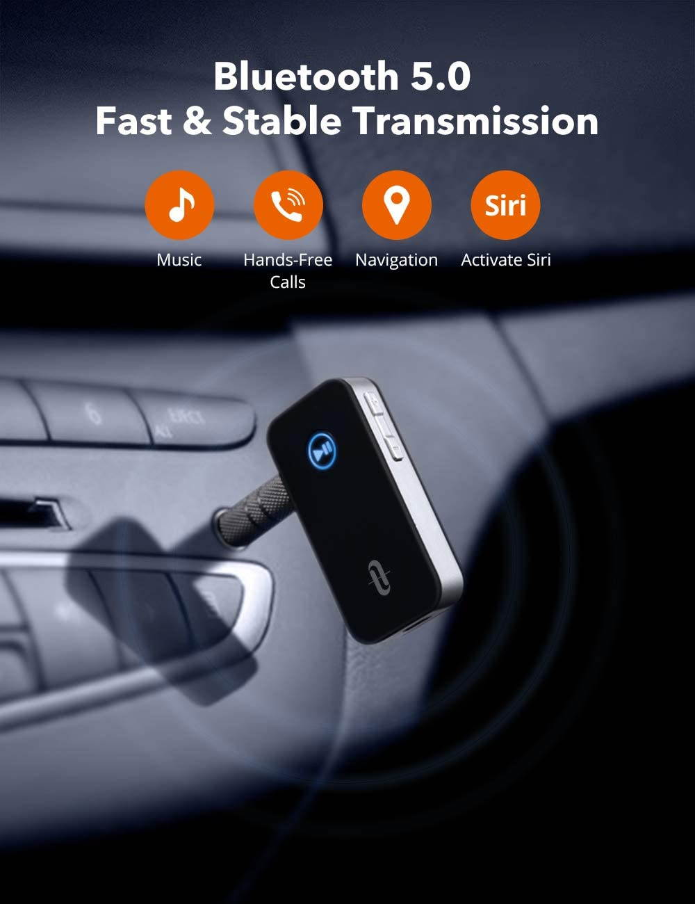 TaoTronics Bluetooth Receiver/Car Kit, Portable Wireless Audio AUX Adapter 3.5mm Stereo Output (Bluetooth 5.0, A2DP, Built-in Microphone) for Home Audio Music Streaming Sound System