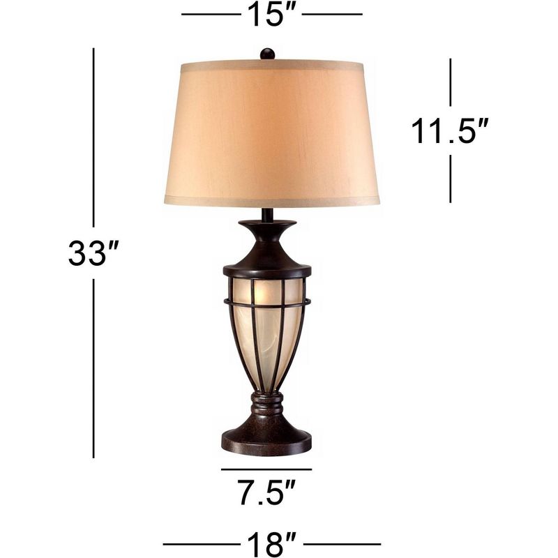 John Timberland Traditional Table Lamps Set of 2 with Nightlight Lantern Brushed Iron Cage Beige Fabric Shade for Living Room
