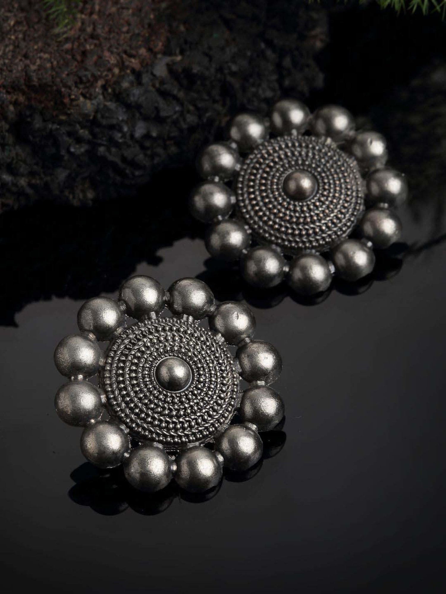 Panash Oxidized Silver-Toned Floral Stud Earrings