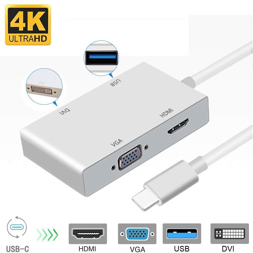 4 in 1 Type-C to HDMI  VGA  DVI  USB 3.0 4K Video Converter 4-in-1 USB-C HUB, Thunderbolt 3 Compatible, for New MacBook, ChromeBook & Surface connected Game, HDTV, Monitor and Projector.