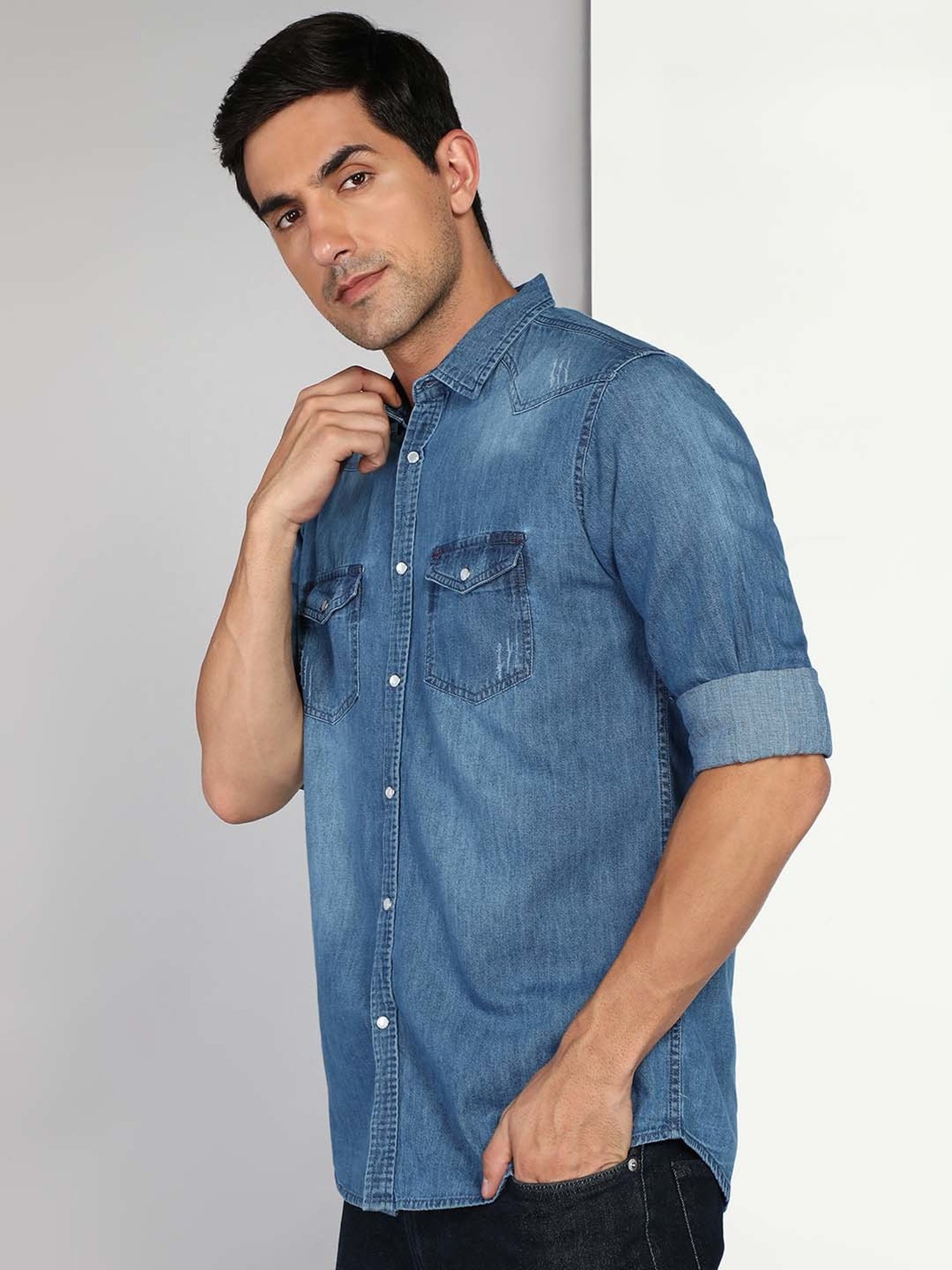 Kuons Avenue Blue Slim Fit Denim Shirt