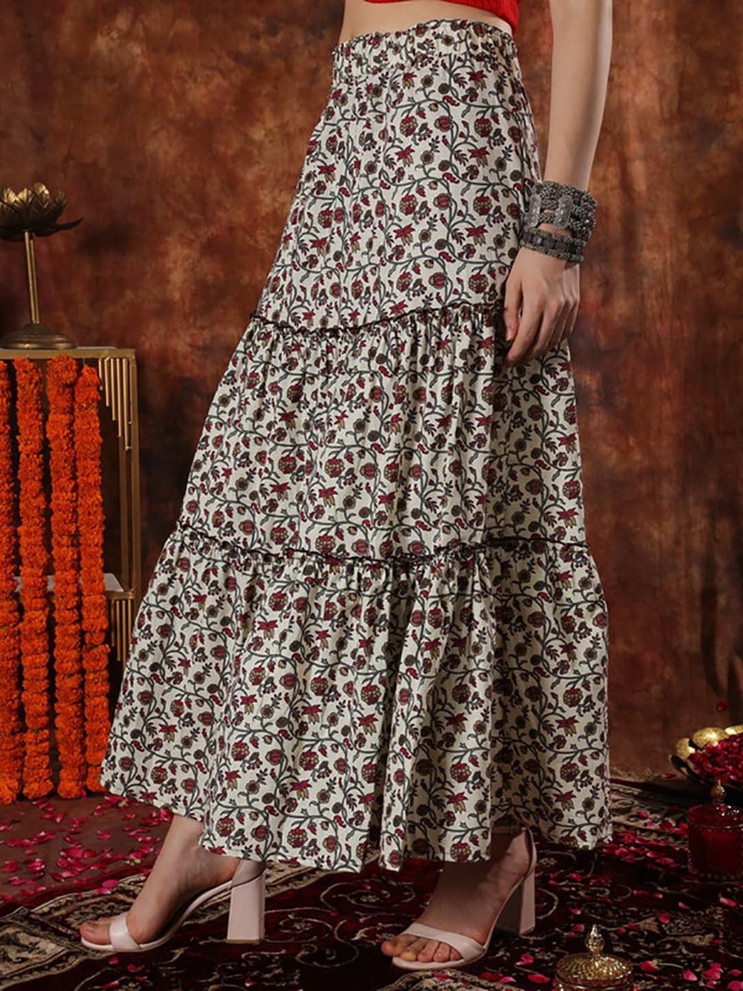 NEUDIS White & Brown Floral Print Maxi Skirt