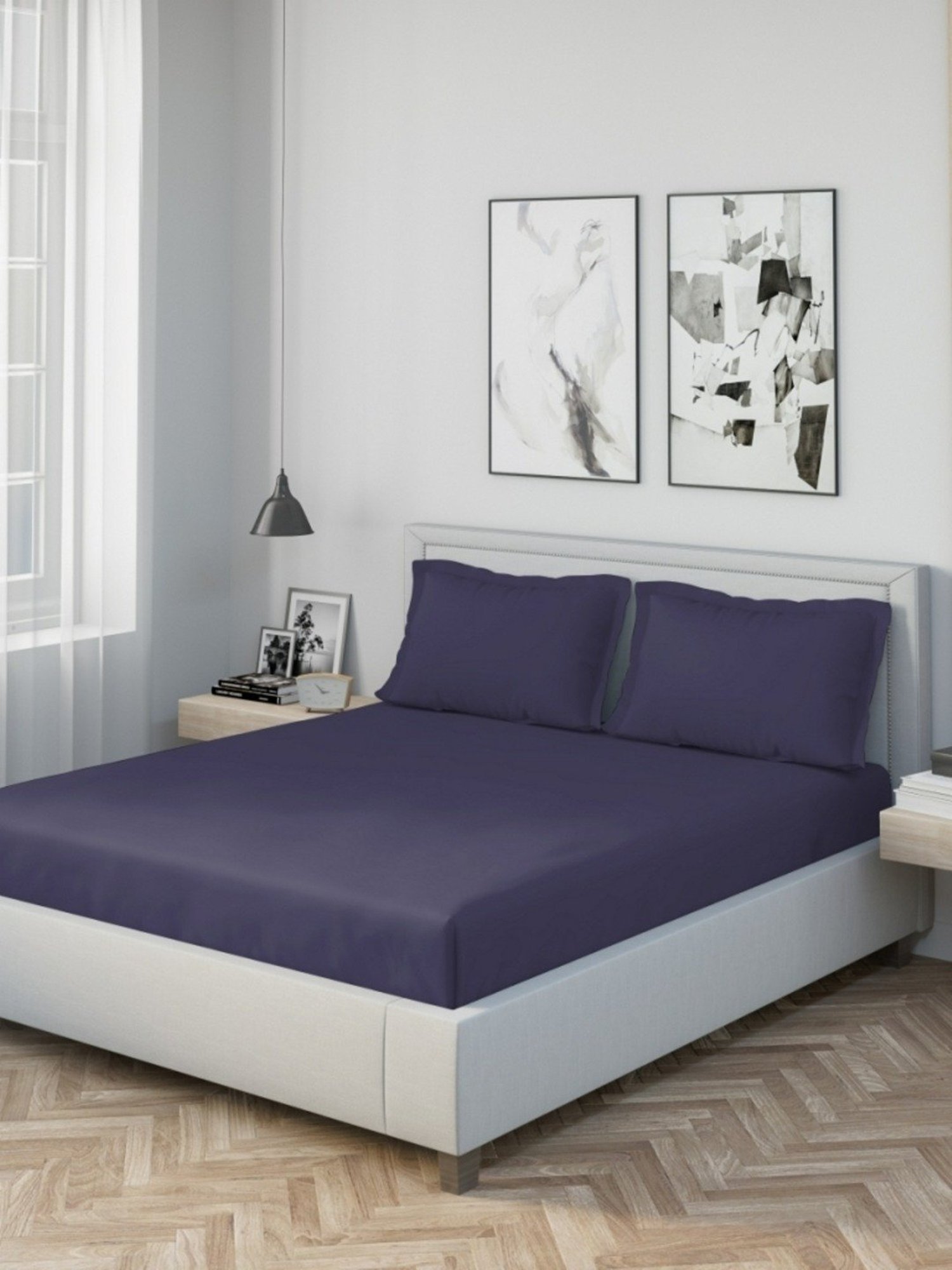 DDecor Solid Blue 180 TC Cotton King Fitted Bed Sheet With 2 Pillow Covers