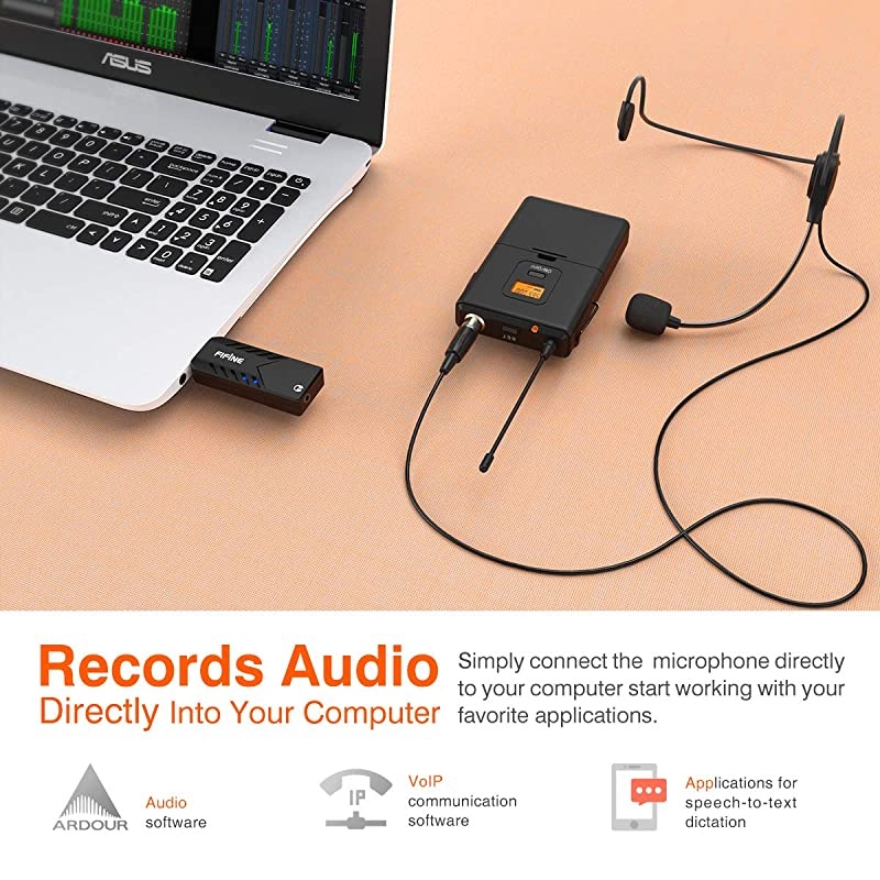 Wireless Microphones for Computer USB Wireless Microphone System for PC and MacHeadset UHF Wireless System with USB ReceiverTransmitterHeadset and Clip Lavalier Lapel MicK031B