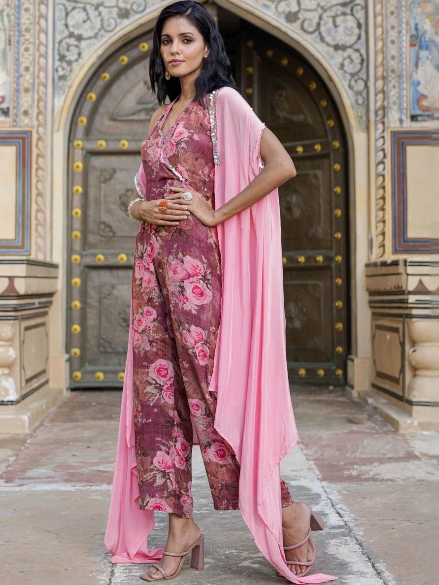 Scakhi Mauve Crepe Silk Floral-Solid Jumpsuit With Cape