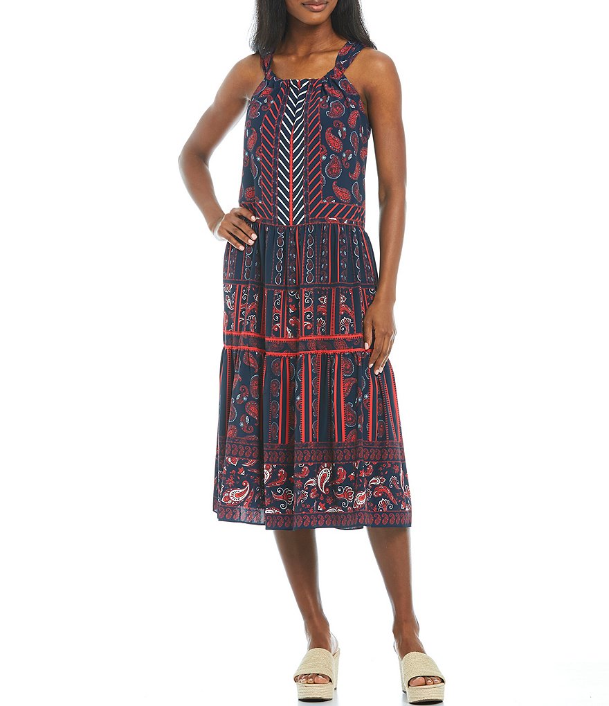 Gibson & Latimer Square-Neck Sleeveless Tier Print Midi Dress