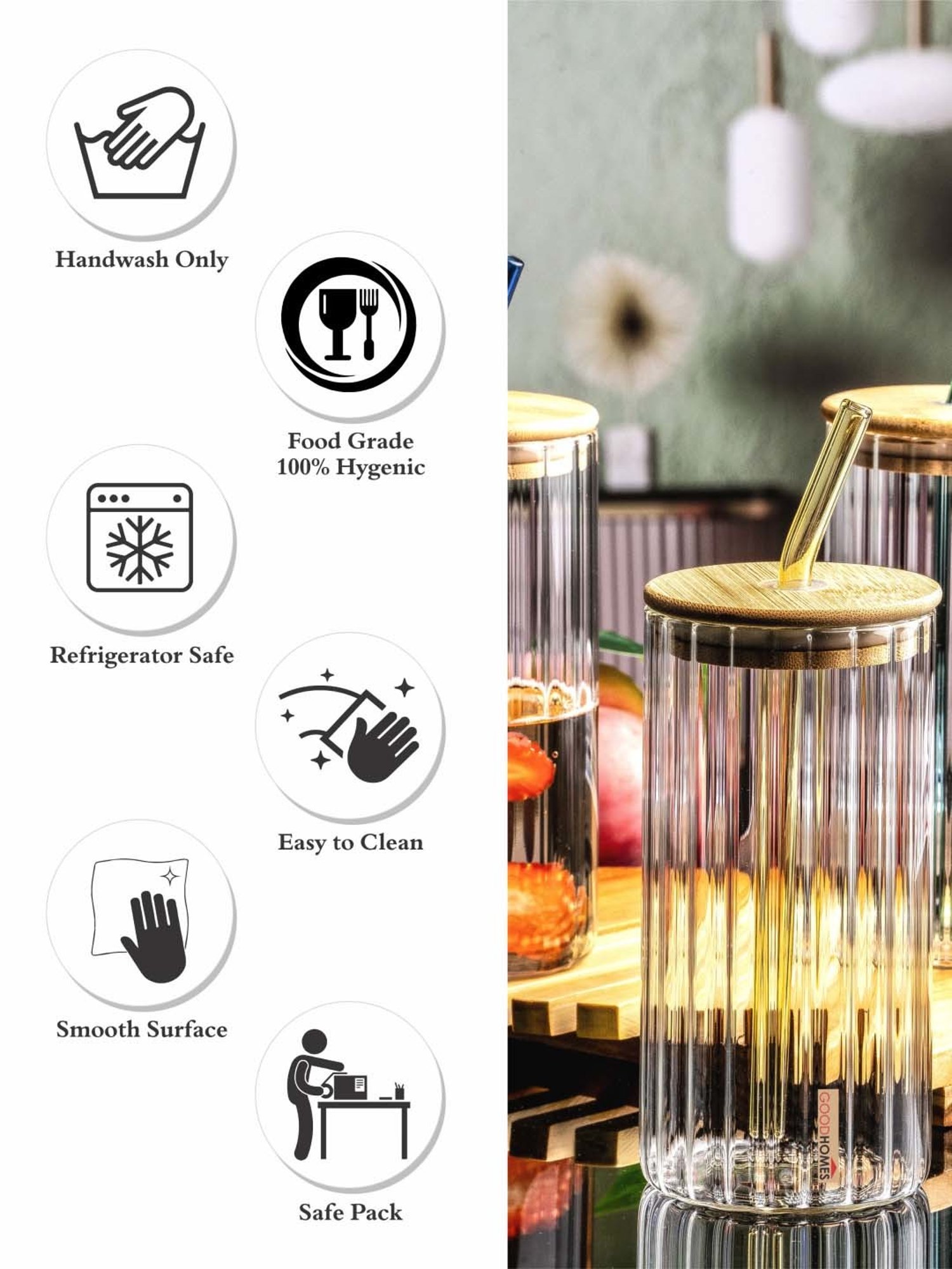 Goodhomes Transparent Glass 3-Piece Mason Jar Set with Wooden Lid & Glass Straw