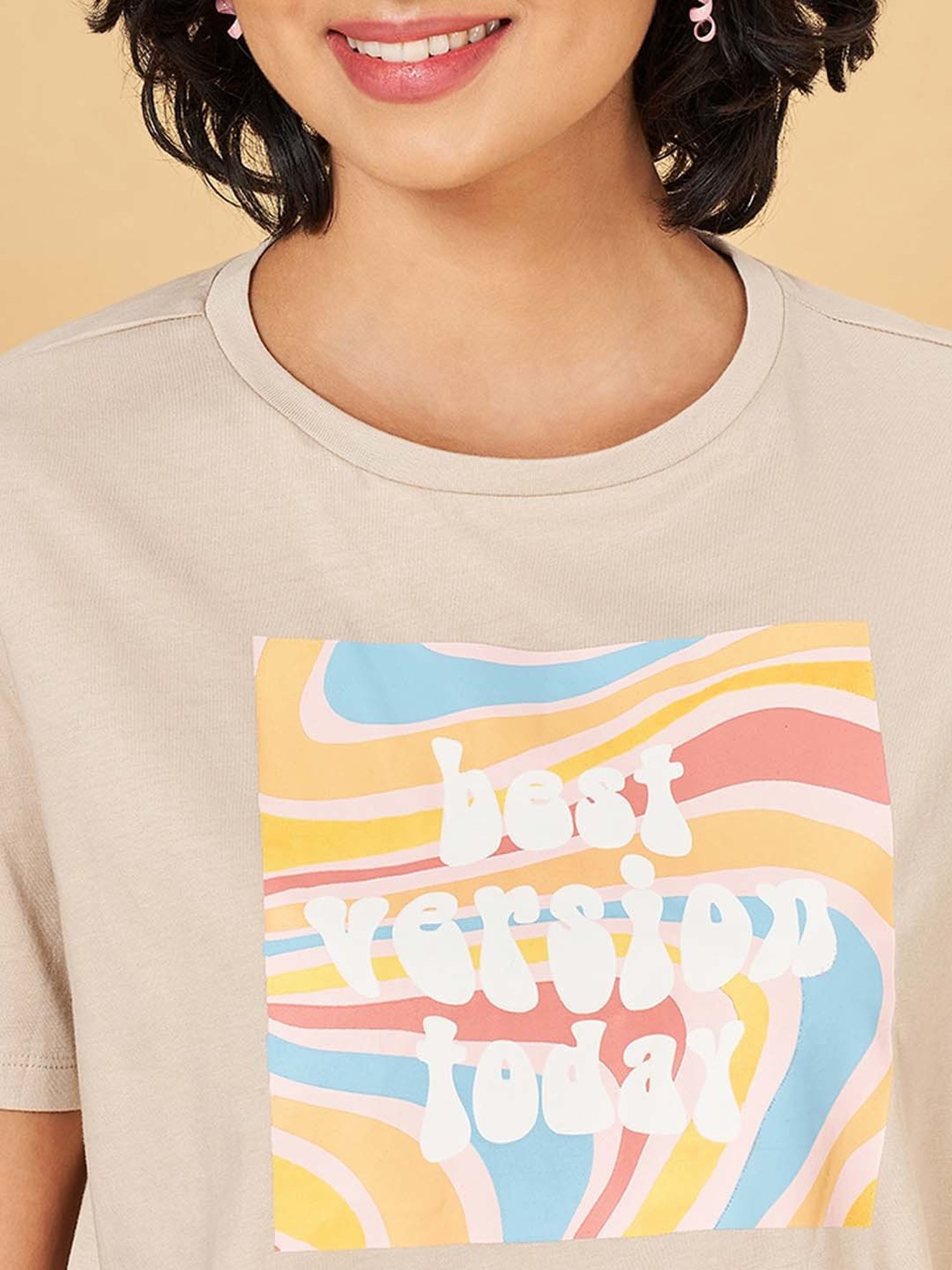 People by Pantaloons Beige Cotton Printed T-Shirt