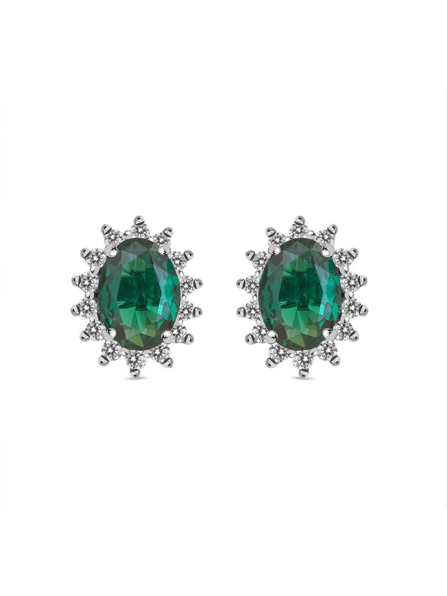 925 Silver Oval Green Emerald and American Diamond Stud Earrings for Women & Girls