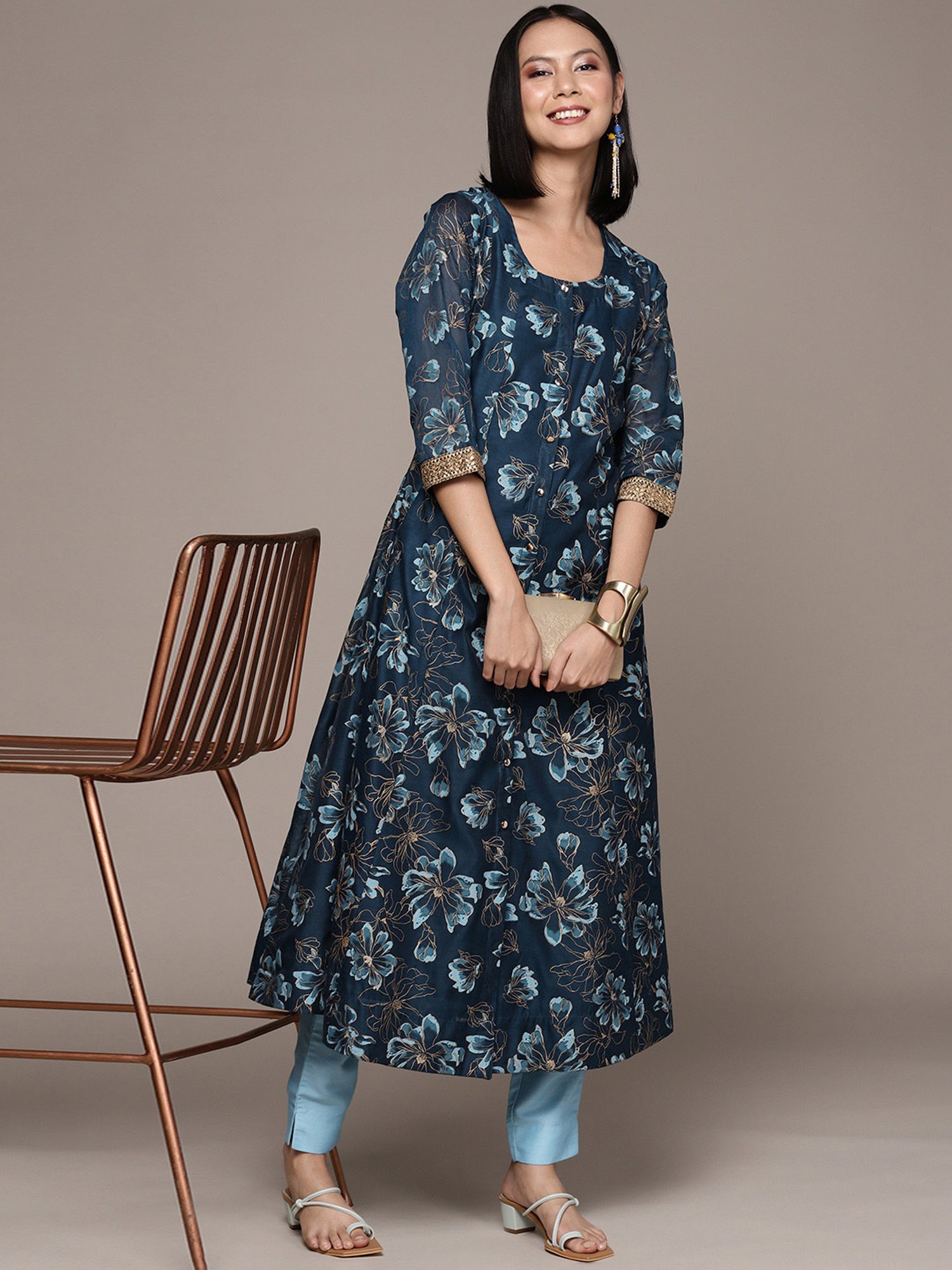 Ziyaa Blue Floral Print Kurta Pant Set