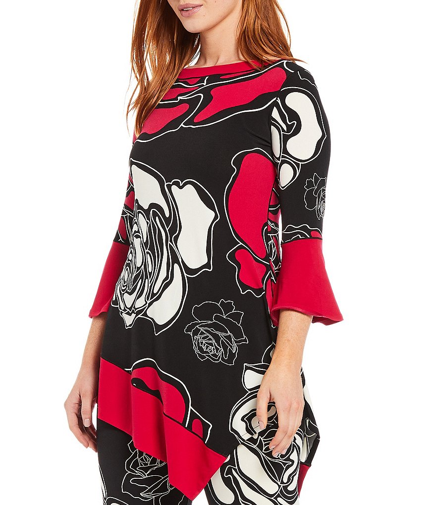 Eva Varro Sketched Rose Print Knit Bell Sleeve Asymmetric Hem Boat Neck Tunic