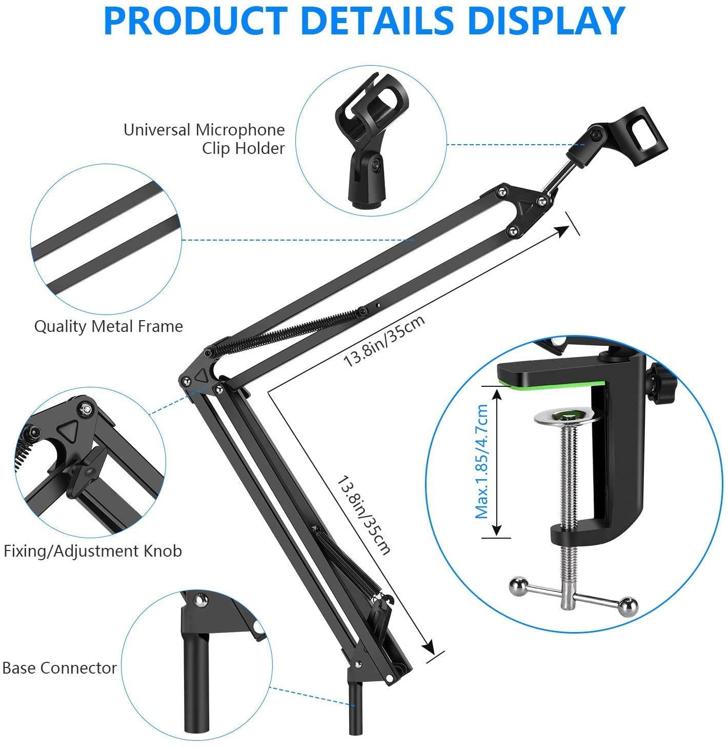 Microphone Arm Stand,Adjustable Suspension Boom Scissor Mic Stand with Filter, 3/8" to 5/8" Adapter, Mic Clip
