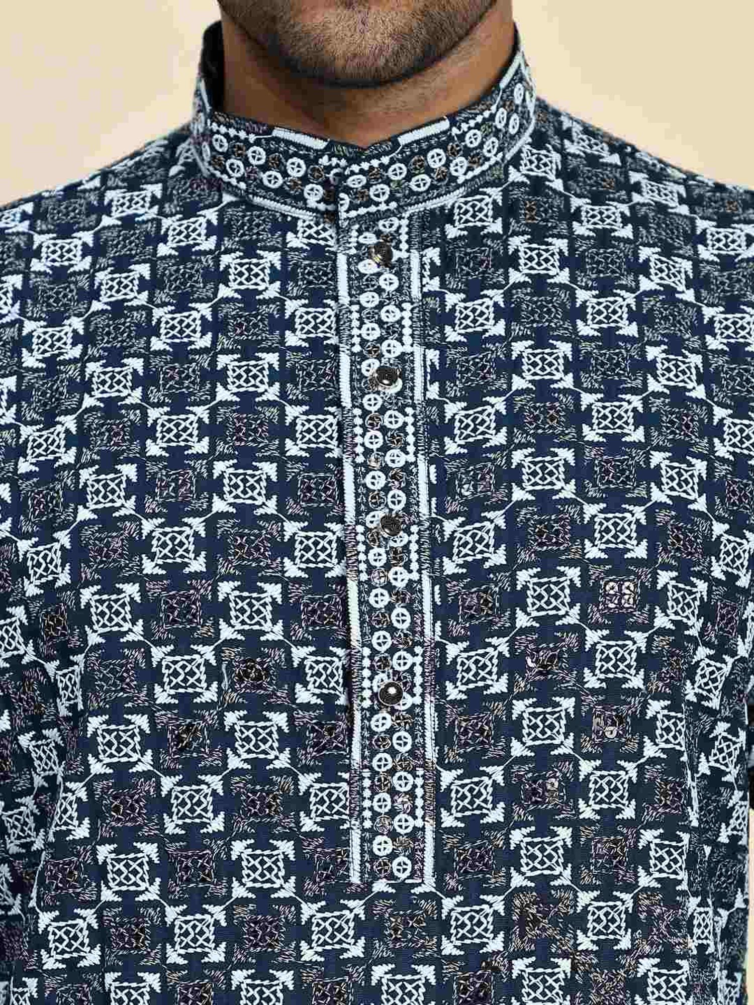 Pro-Ethic Style Developer Blue & White Cotton Regular Fit Embellished Kurta Bottom Set