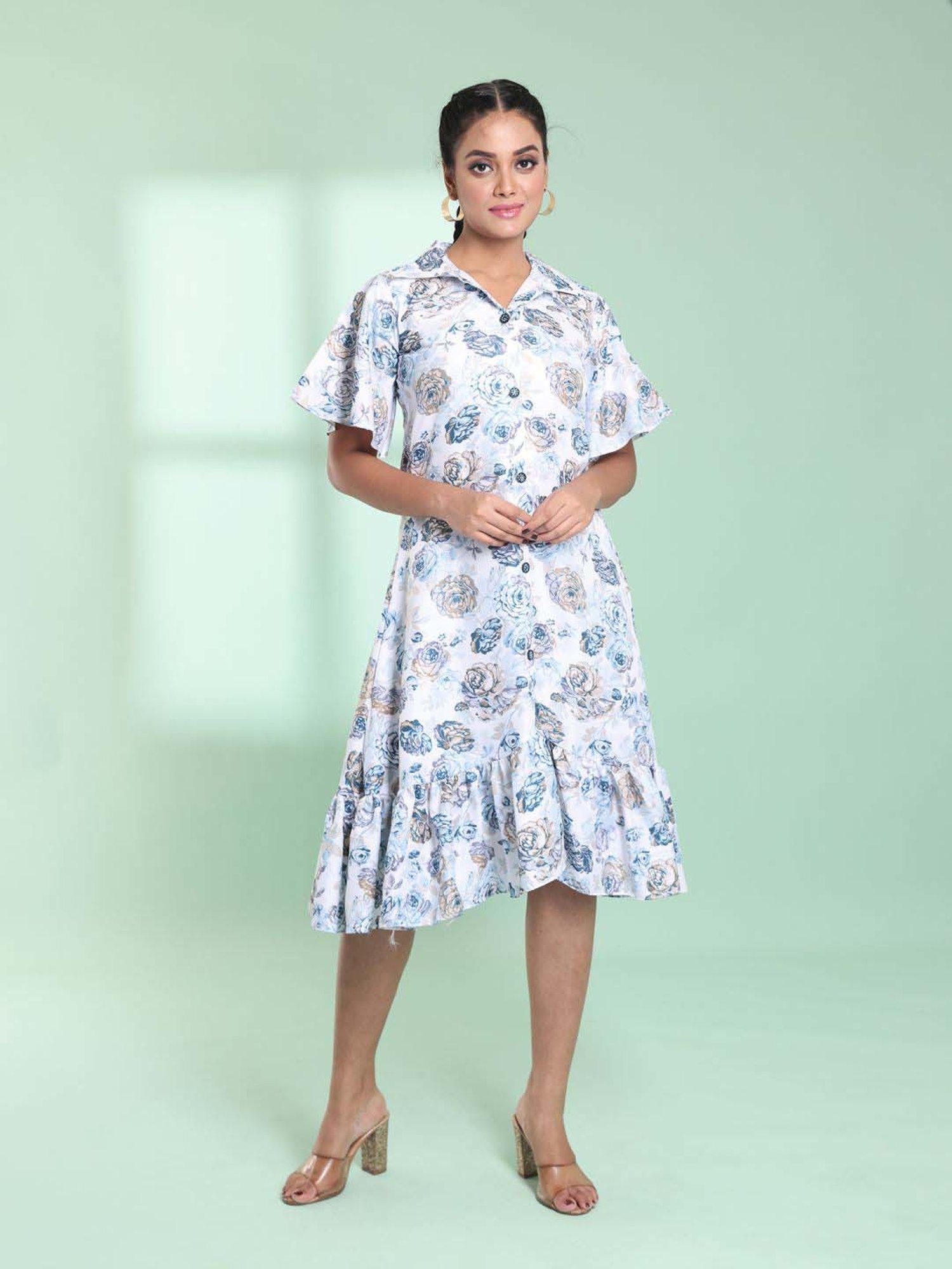 CHARUKRITI White & Blue Printed A-Line Dress