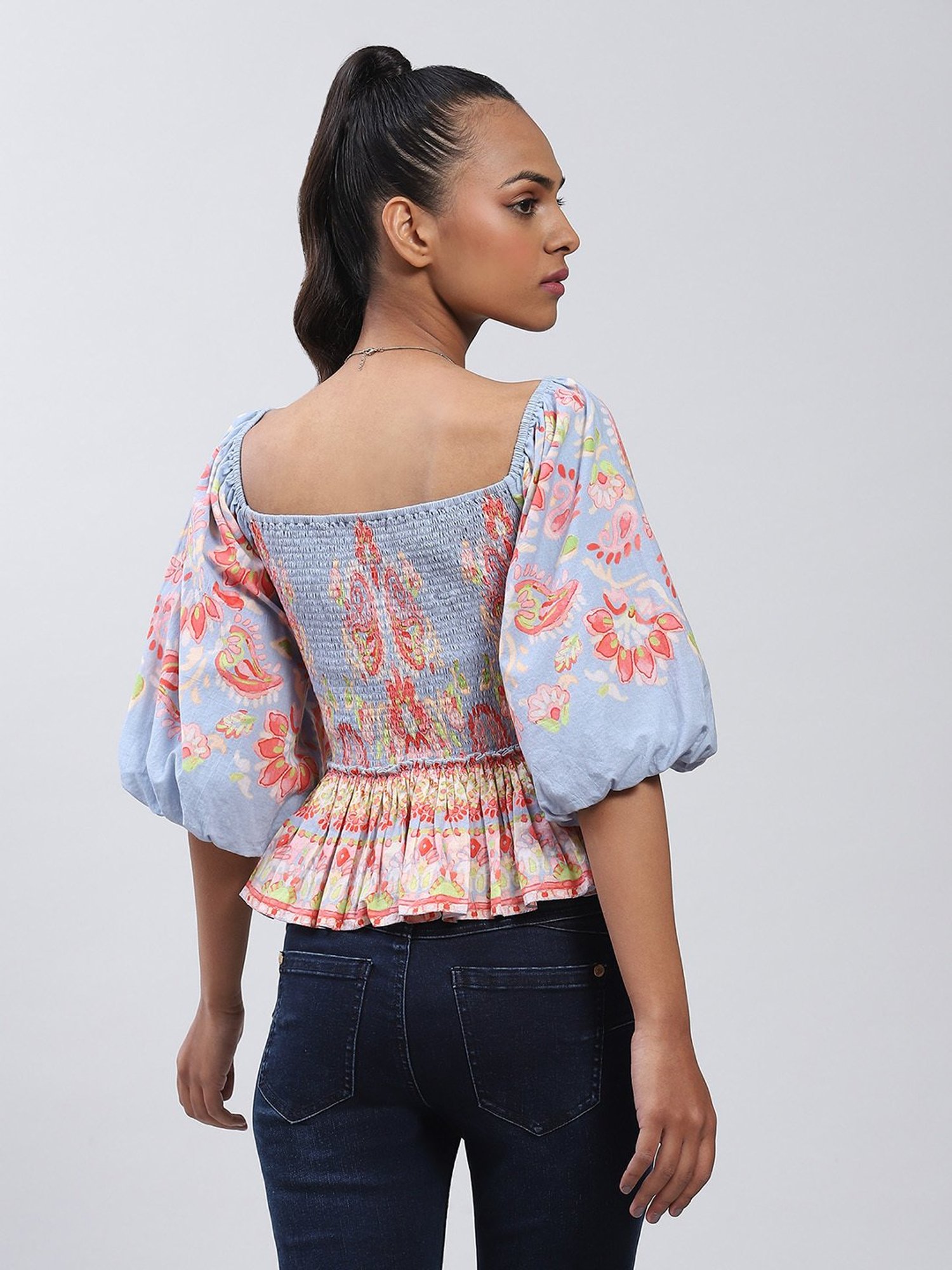 Label Ritu Kumar Blue Floral Print Peplum Top