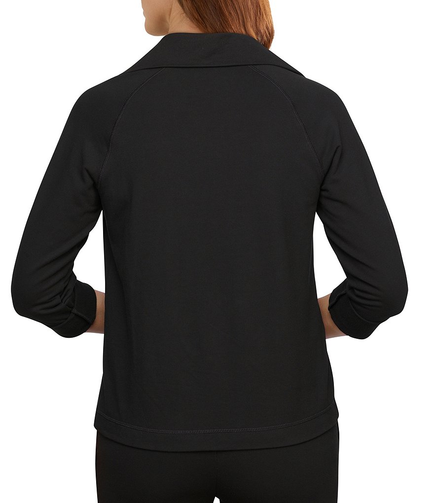 Ruby Rd. Petite Size Contrast Lace Up Front Split V-Neck 3/4 Roll-Tab Sleeve Pullover