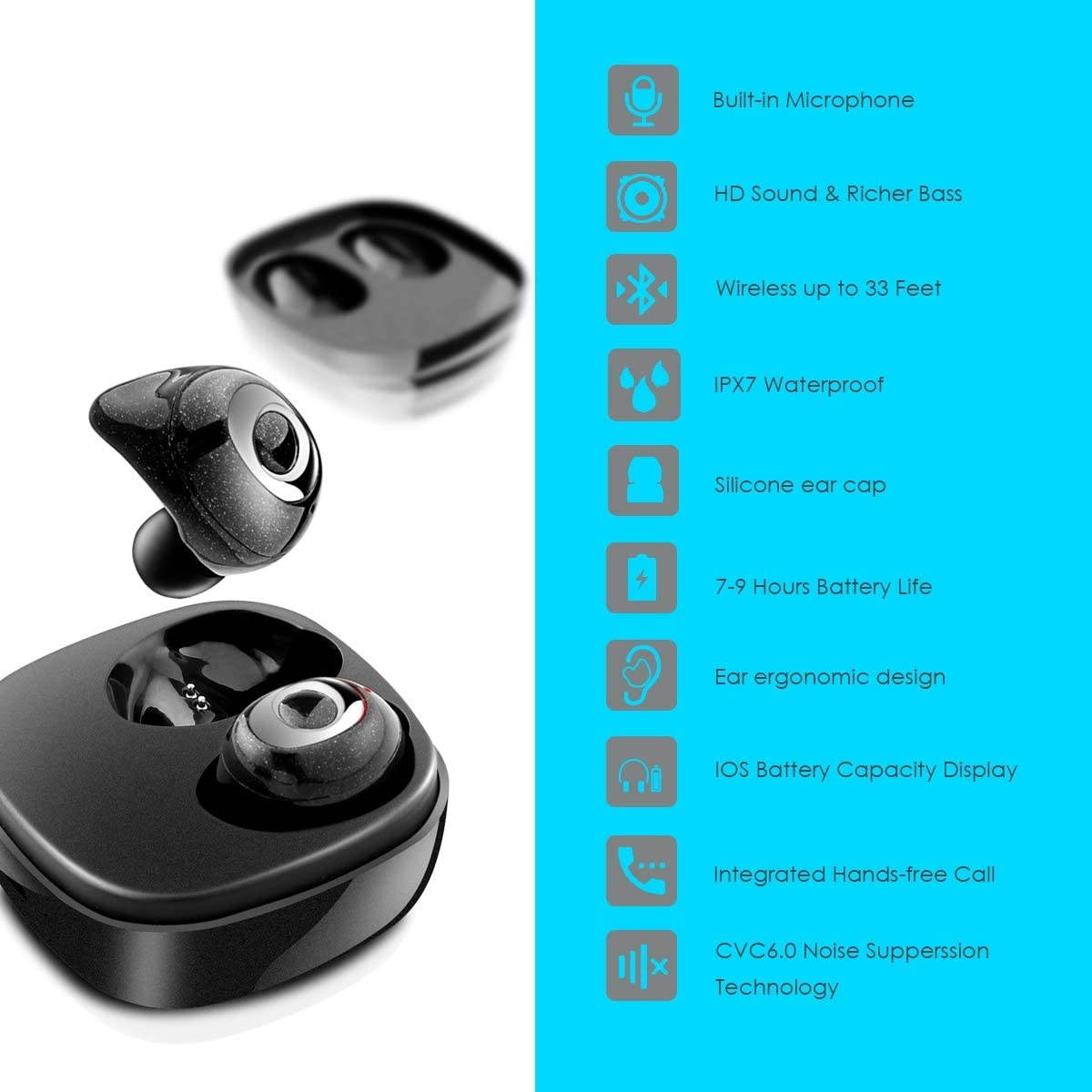 True Wireless Earbuds Bluetooth 5.0 Headphones, Sports in-Ear Twins HD Stereo Mini Headset Built-in Mic Extra Bass IPX7 Waterproof Noise Cancelling Earphones with Charging Case