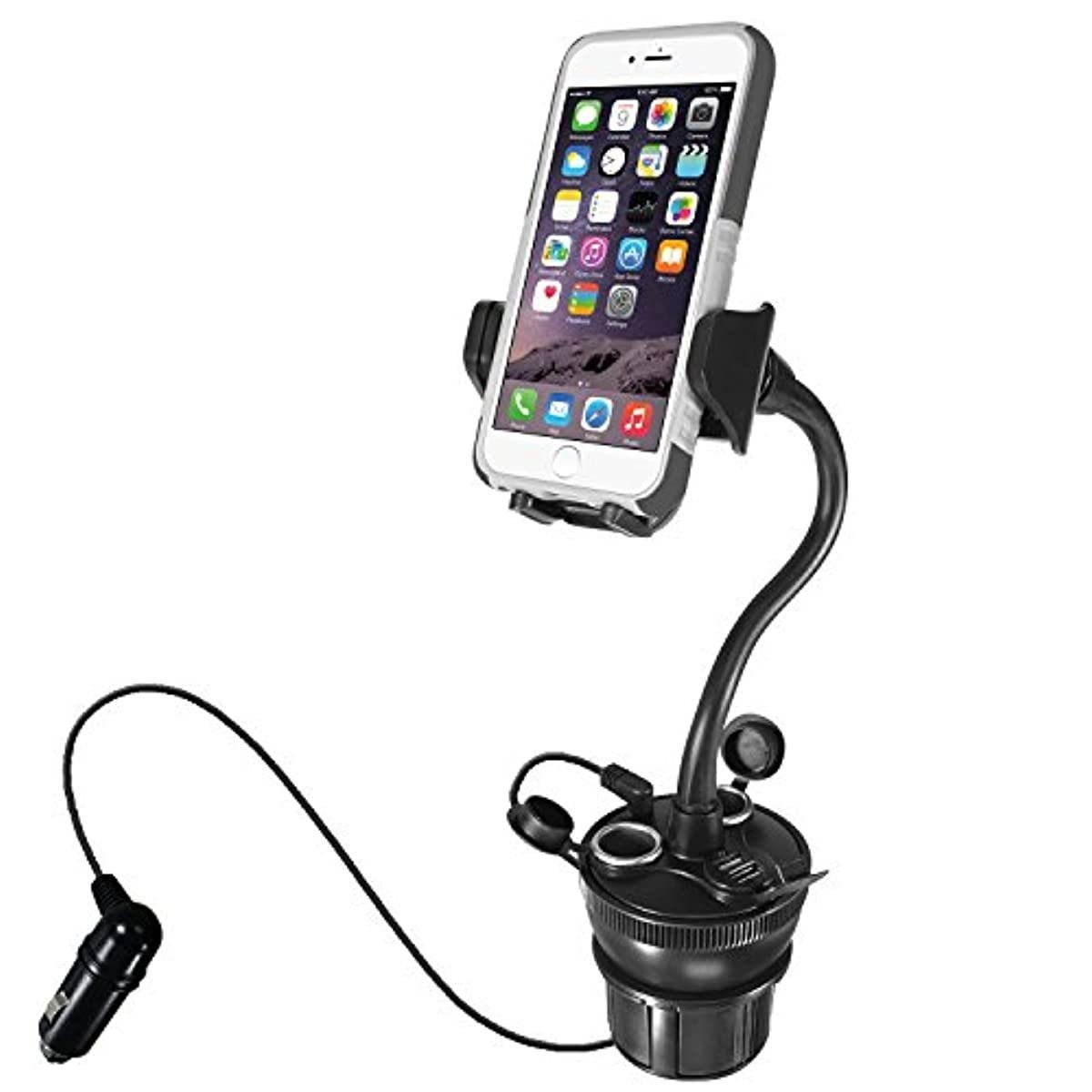 Macally Car Cup Holder Phone Mount with 2 USB Charging Ports & 2 Cigarette Lighter Sockets - Adjustable Cup Phone Holder for Car with 8&rdquo; Long Neck and 360&deg; Rotatable Base - Fits Phones Up to 4.1&rdquo; Wide