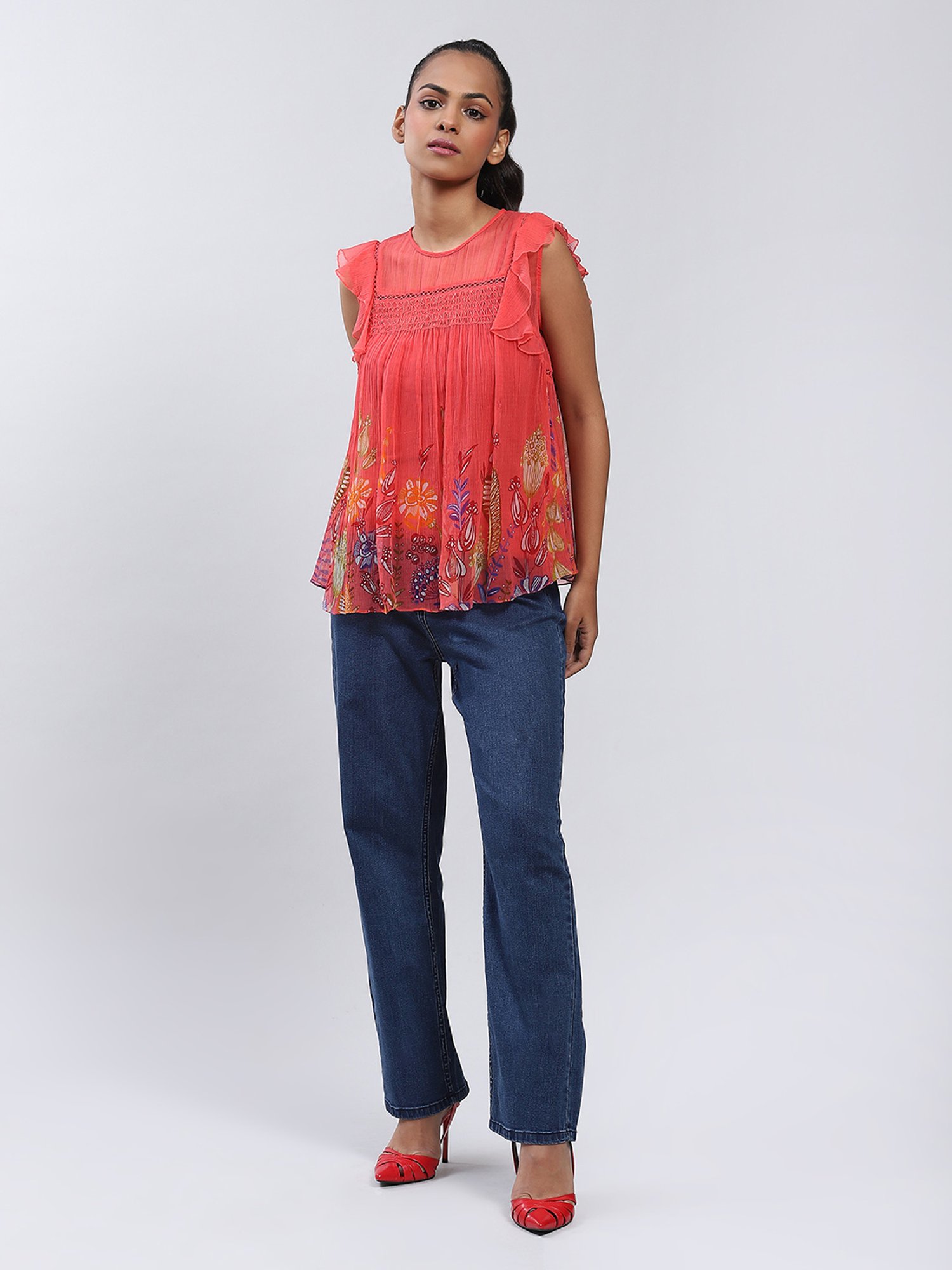 Label Ritu Kumar Coral Floral Print Top With Camisole