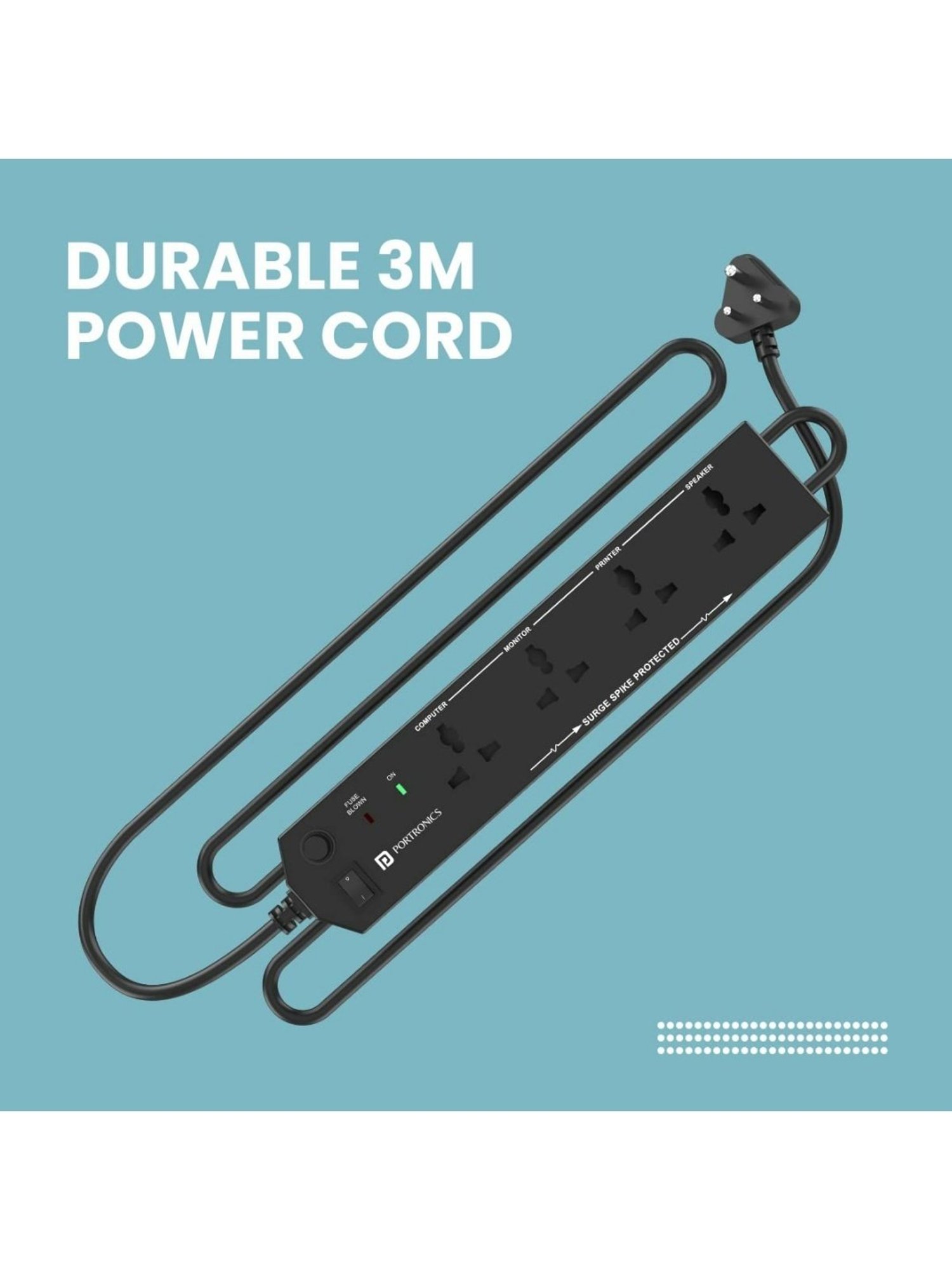 Portronics Power Plate 10 1500W Power Converter with 4 Power Sockets, 3M Cord Length (Black)