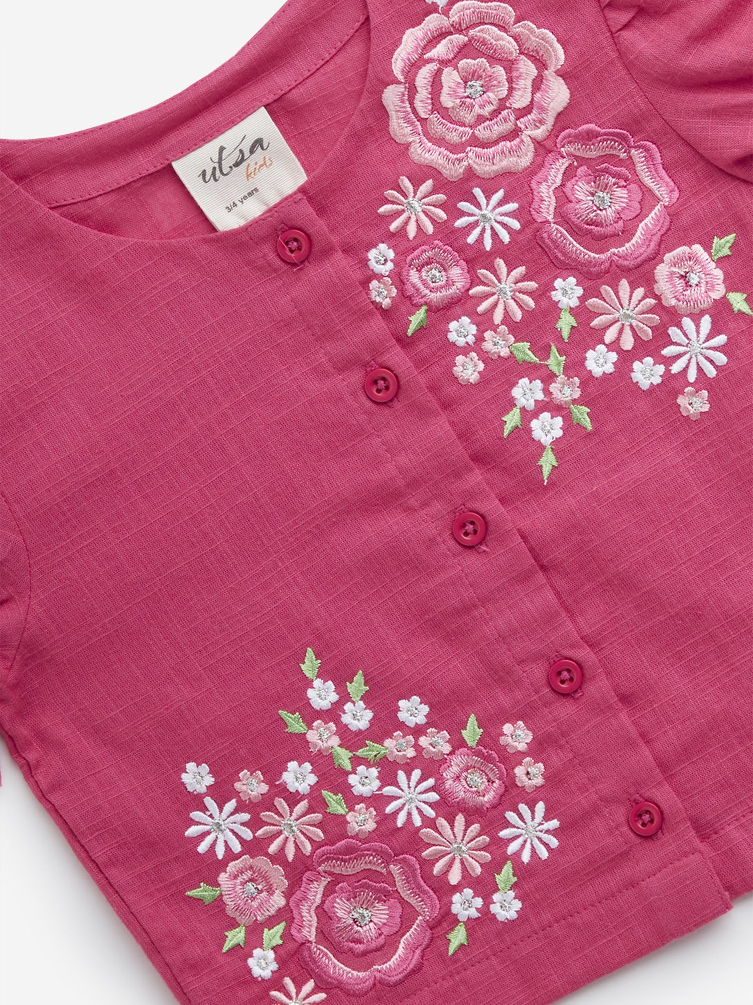 Utsa Kids by Westside Dark Pink Floral Embroidered Cotton Ethnic Top