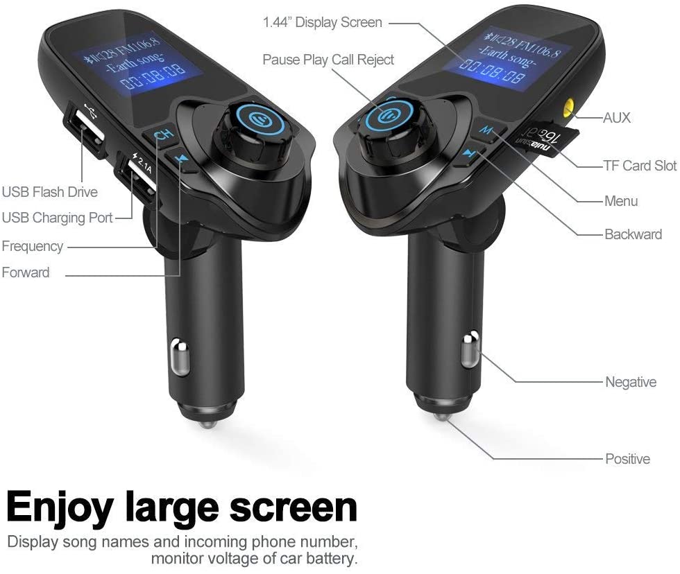 Bluetooth Car FM Transmitter Audio Adapter Receiver Wireless Handsfree Voltmeter Car Kit TF Card AUX USB 1.44 Display - KM19 Black