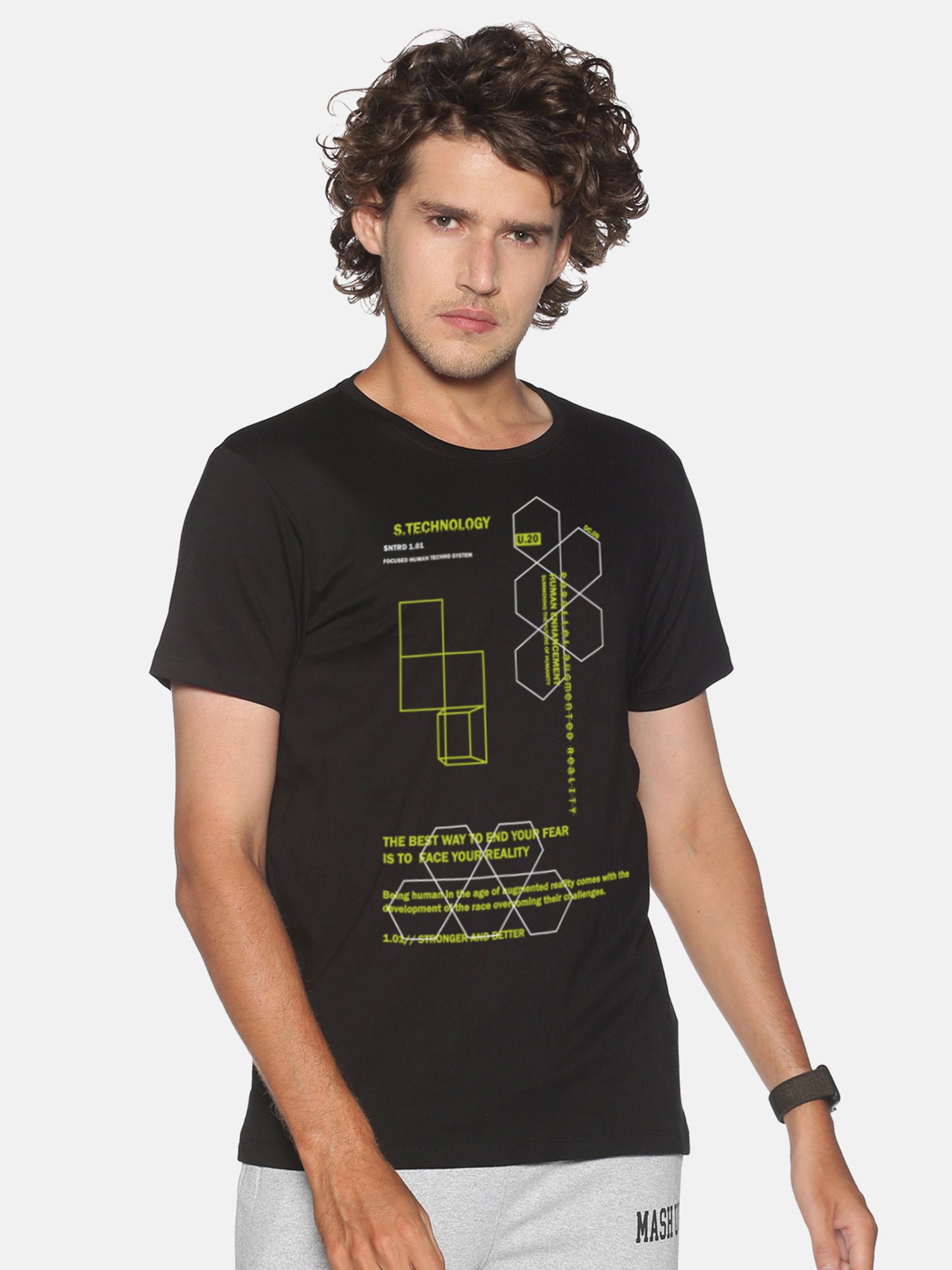 BLACK RADIO Black Slim Fit Printed Cotton Crew T-Shirt