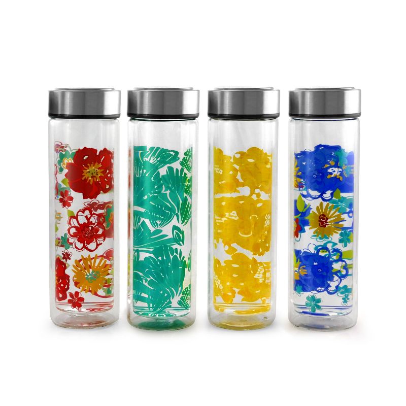 Gibson Home Glasselle 4 Piece 13 Ounce Glass Decorated Hydration Bottle Set in Assorted Colors
