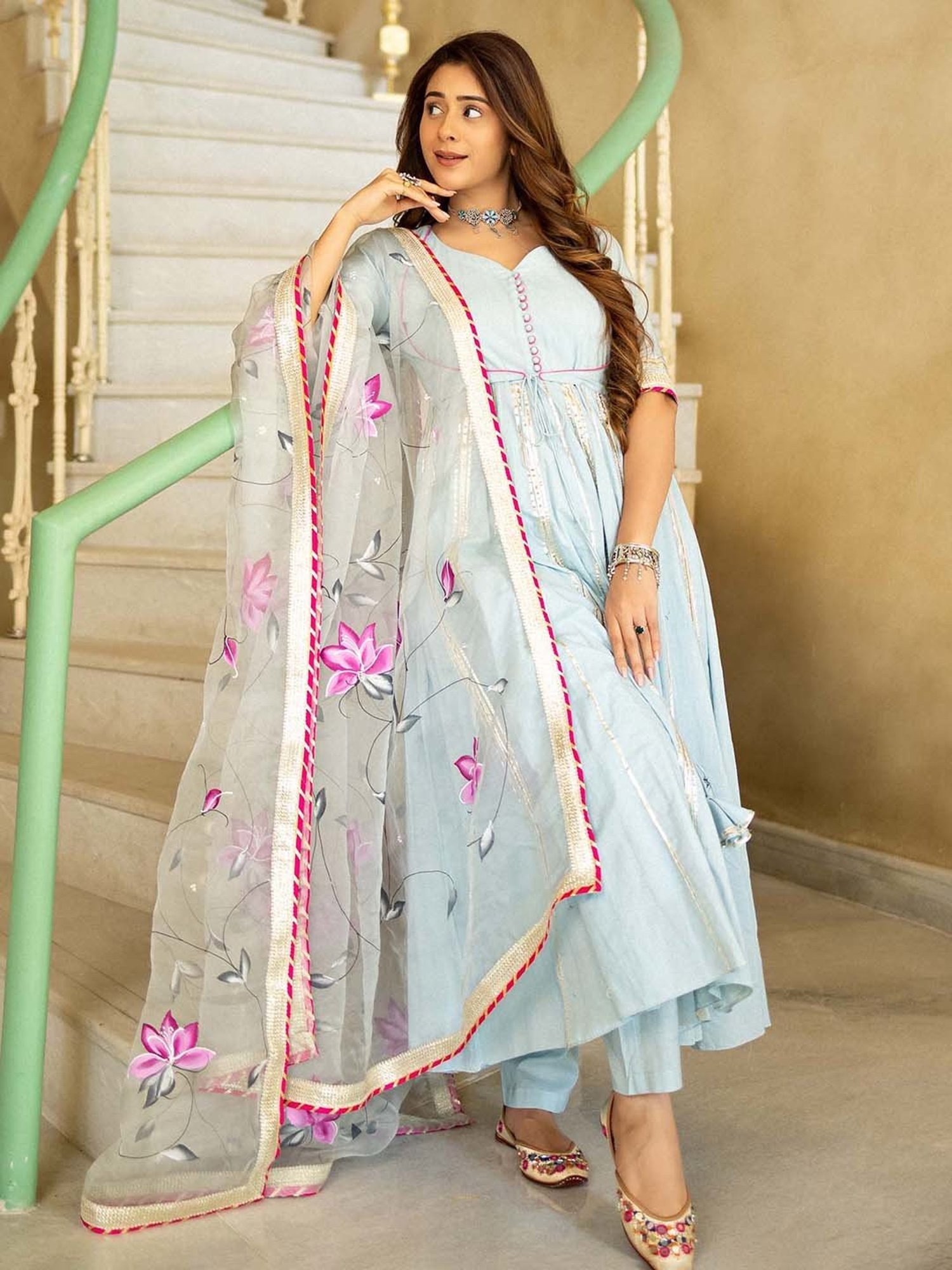 AACHHO Blue Ragini Hand Painted Suit Set