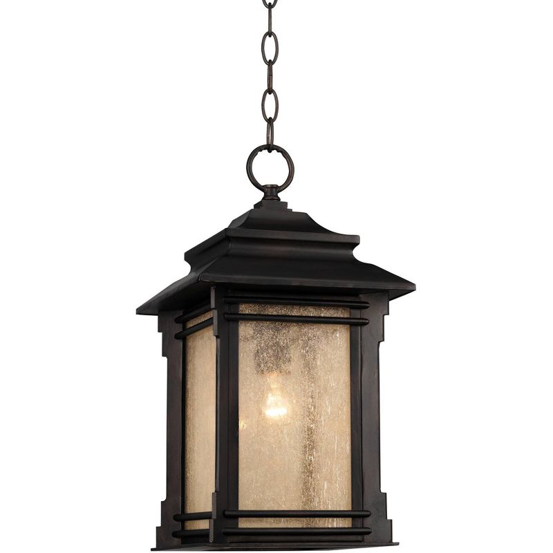 Franklin Iron Works Rustic Outdoor Ceiling Light Hanging Lantern Walnut Bronze 19 1/4" Frosted Glass Damp Rated for Porch Patio