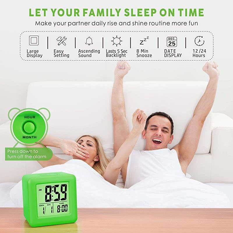 Digital Alarm Clocks Travel Clock with Snooze and Green Nightlight Easy Setting Clock Display Time Date Alarm Ascending Sound Battery Powered Green
