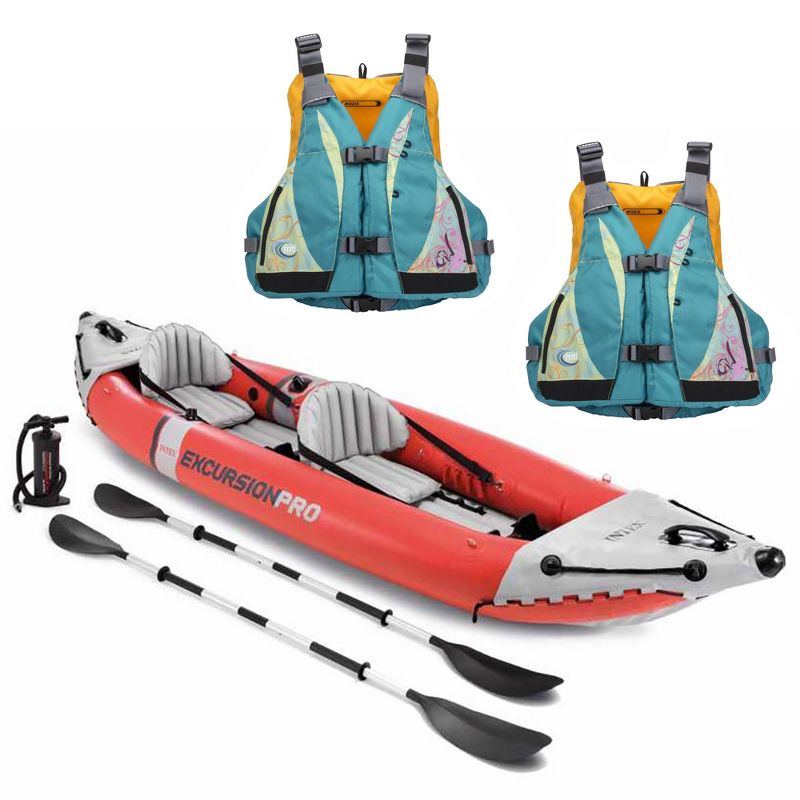 Intex Excursion Pro 2 Person Inflatable Kayak Set w/ 2 Moxie Life Jackets, M/L