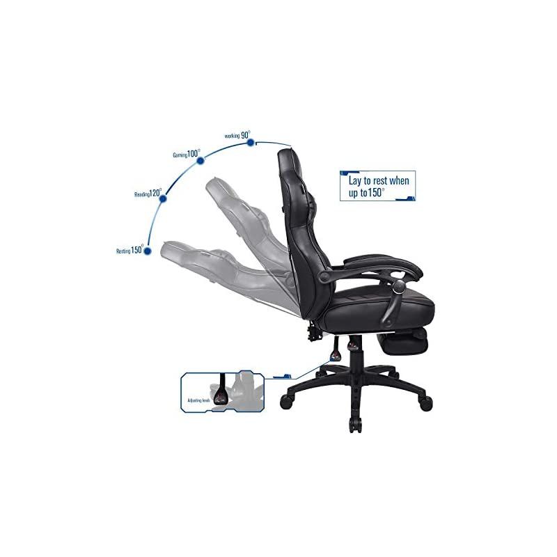Gaming Chair Racing Office - Reclining PU Leather High Back Ergonomic Adjustable Swivel Executive Computer Desk Large Size Footrest Headrest Lumbar Support Adjustable arms Cushion (Black)
