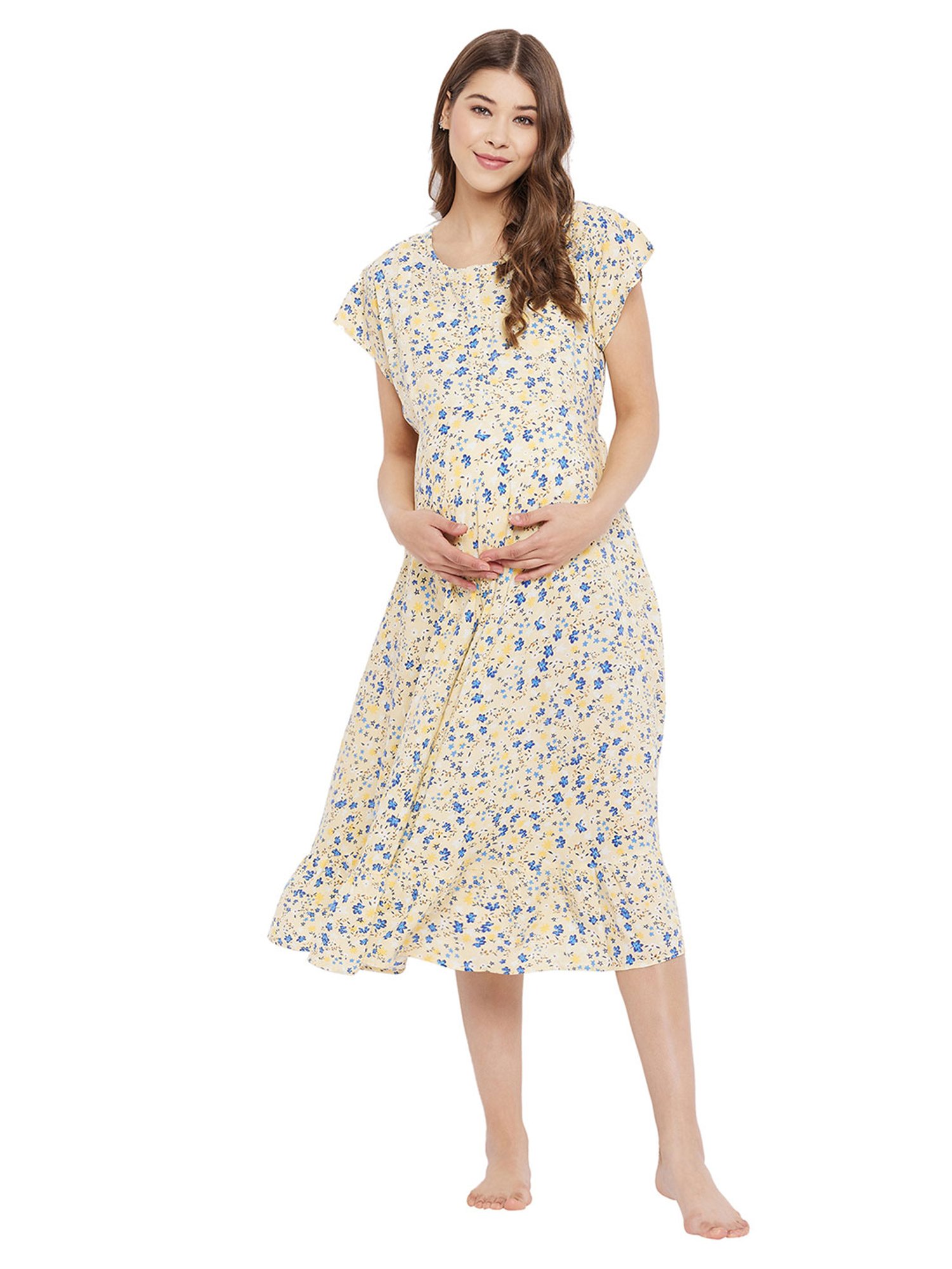 Hypernation Yellow Floral Print Maternity Night Dress