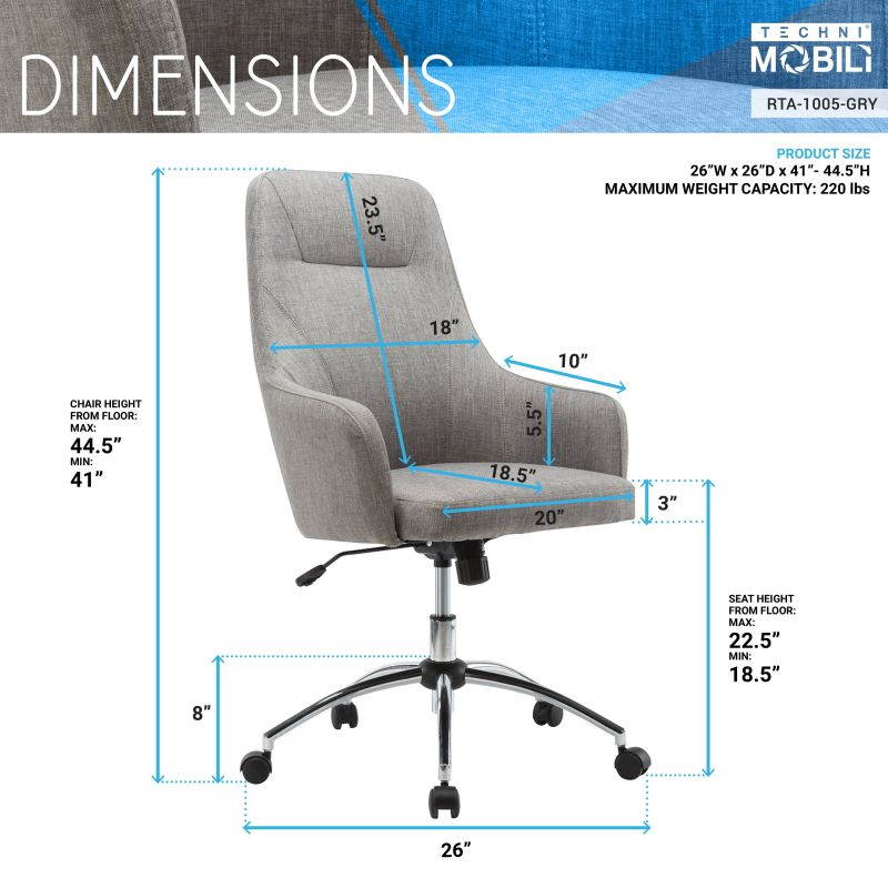 Techni Mobili RTA-1005-GRY Comfy Height Adjustable Rolling Office Desk Chair with Wheels, Grey - 41-44 x 25.5 x 27.5 in.