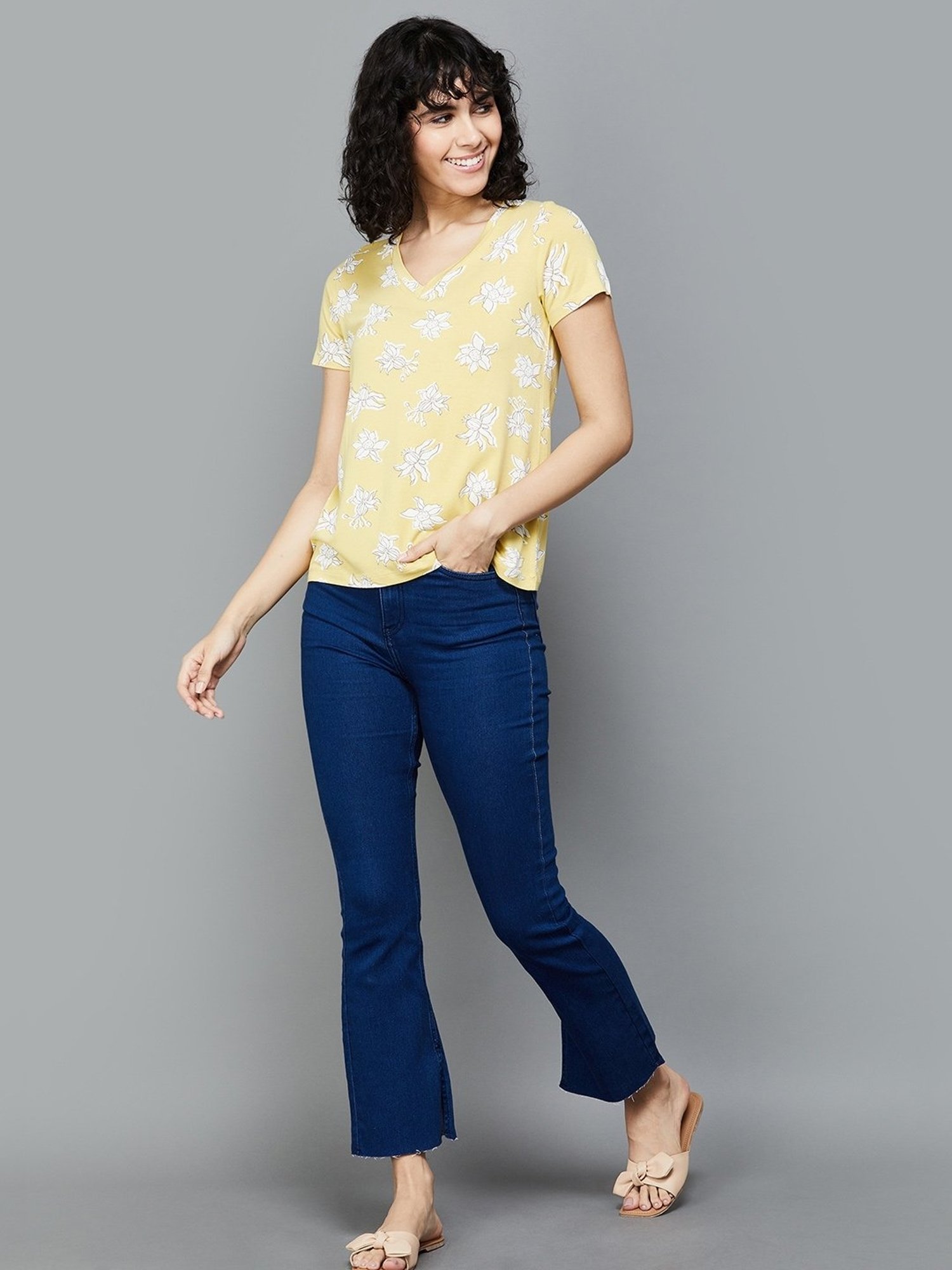 Colour Me by Melange Yellow Printed T-Shirt
