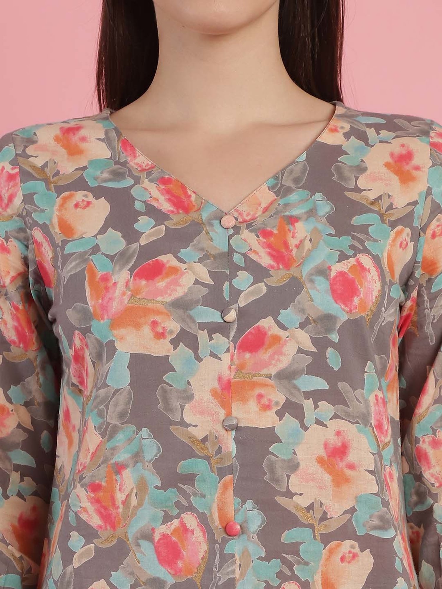 Prakrti Grey Cotton Floral Print Top Pant Set