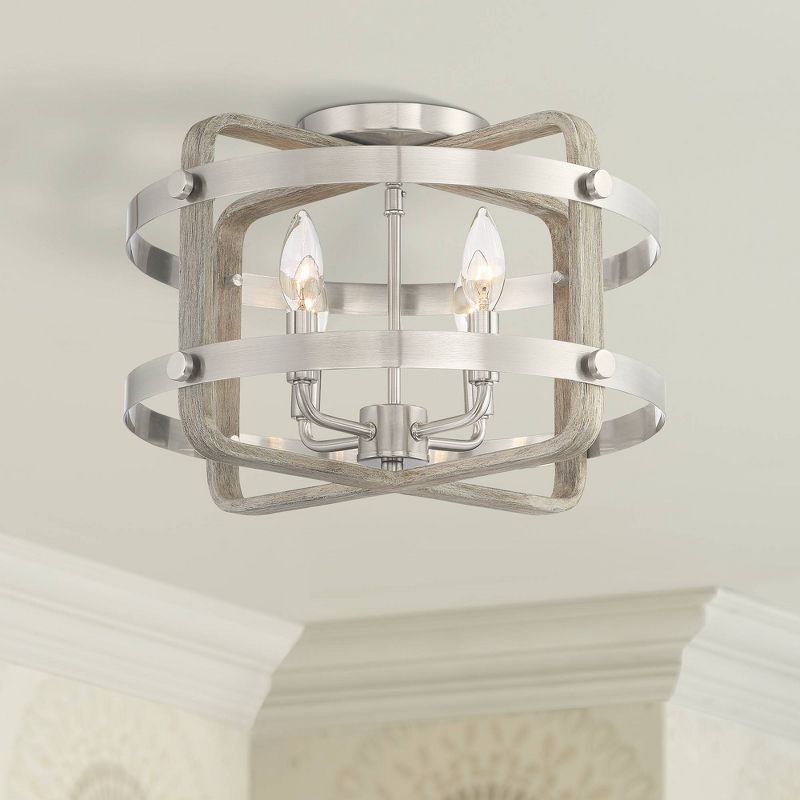 Barnes and Ivy Farmhouse Ceiling Light Flush Mount Fixture Brushed Nickel Wood Grain 15 3/4" Wide 4-Light for Bedroom Living Room