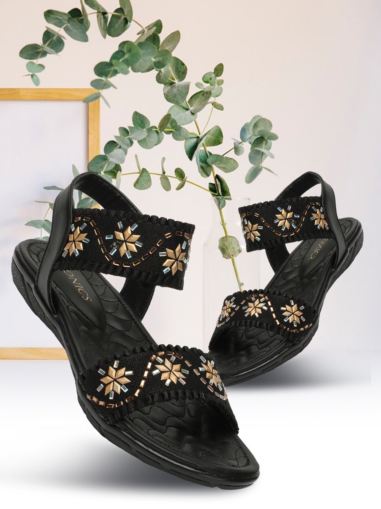 Iconics Women's Black Ankle Strap Sandals