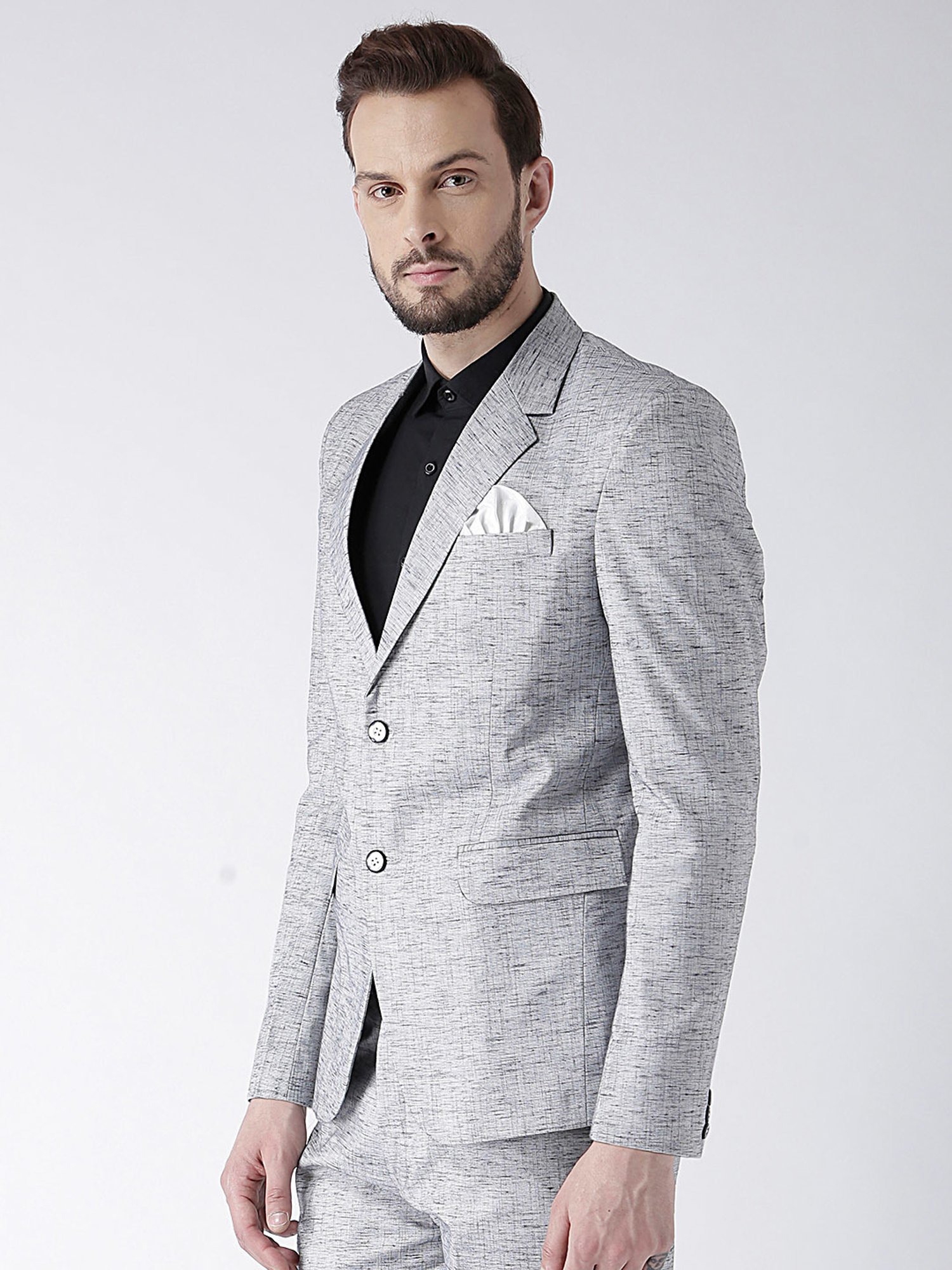 Hangup Plus Grey Melange Regular Fit Notch Lapel Linen Blazer