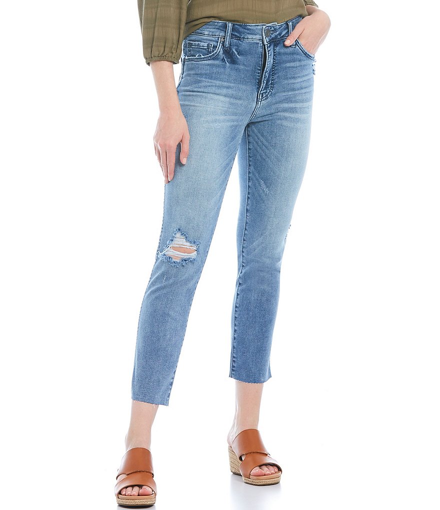 KUT from the Kloth Reese High-Rise Fab Ab Technique Destruction Detail Straight Leg Raw Hem Ankle Jeans