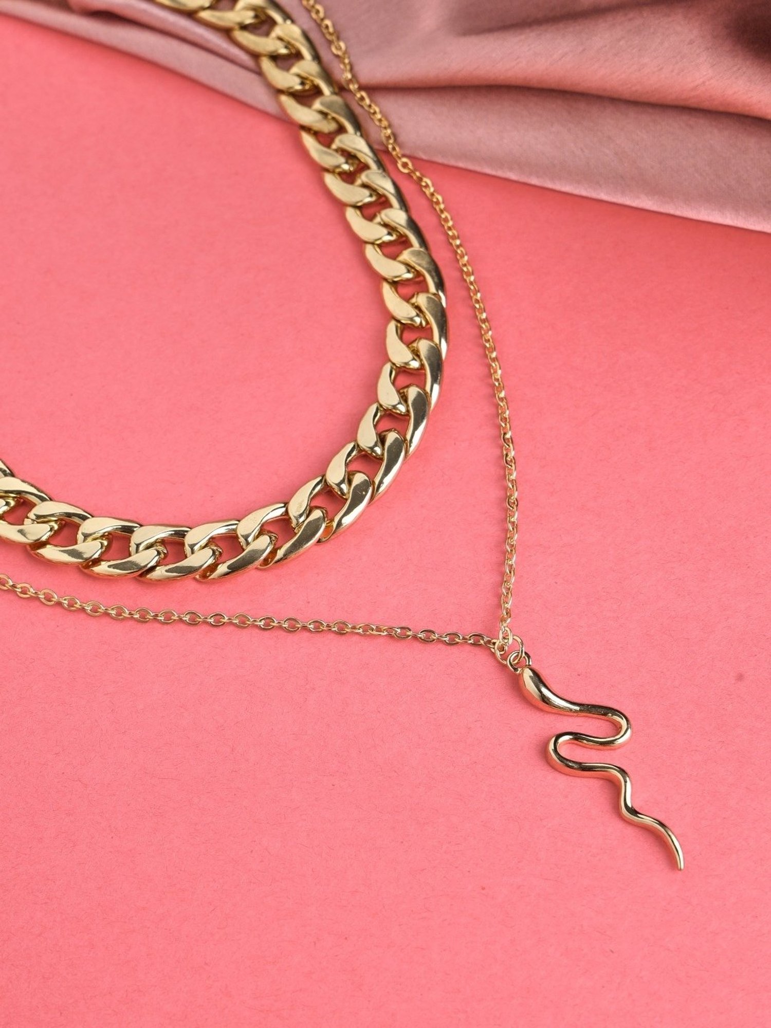 Prita by Priyaasi Dual Layered Bold Link Snake Drop Gold-Plated Necklace