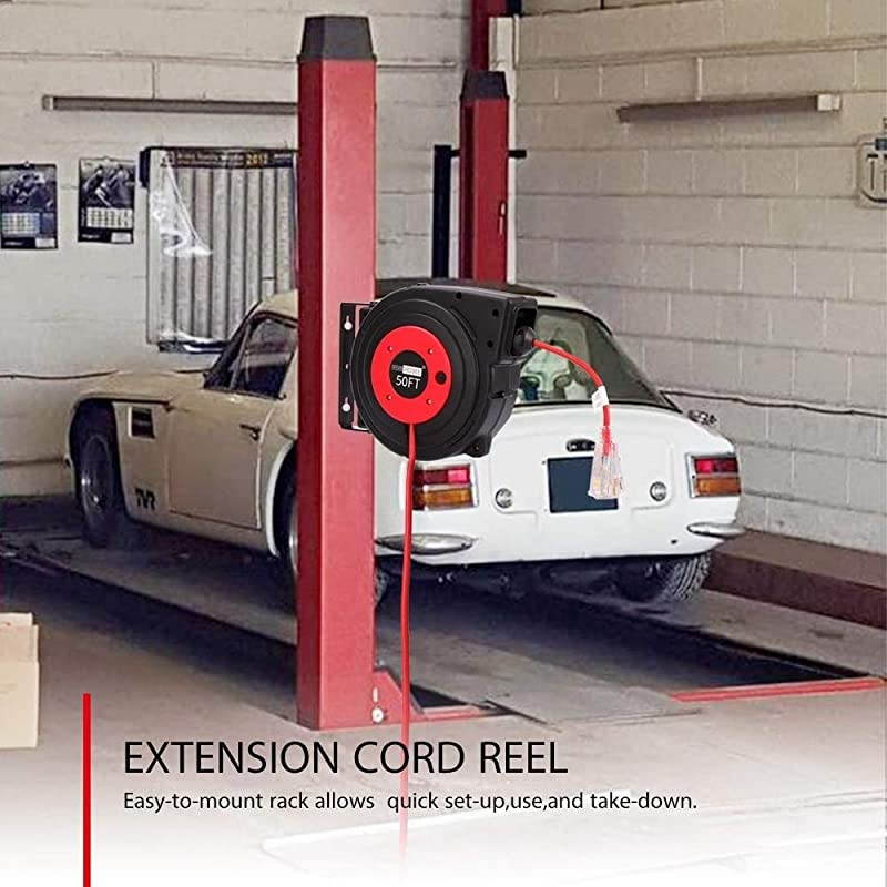 Heavy Duty 50 Feet Retractable Extension Cord Reel with Ceiling Wall Mount Swivel Bracket and LED Light Connector ETL Certified