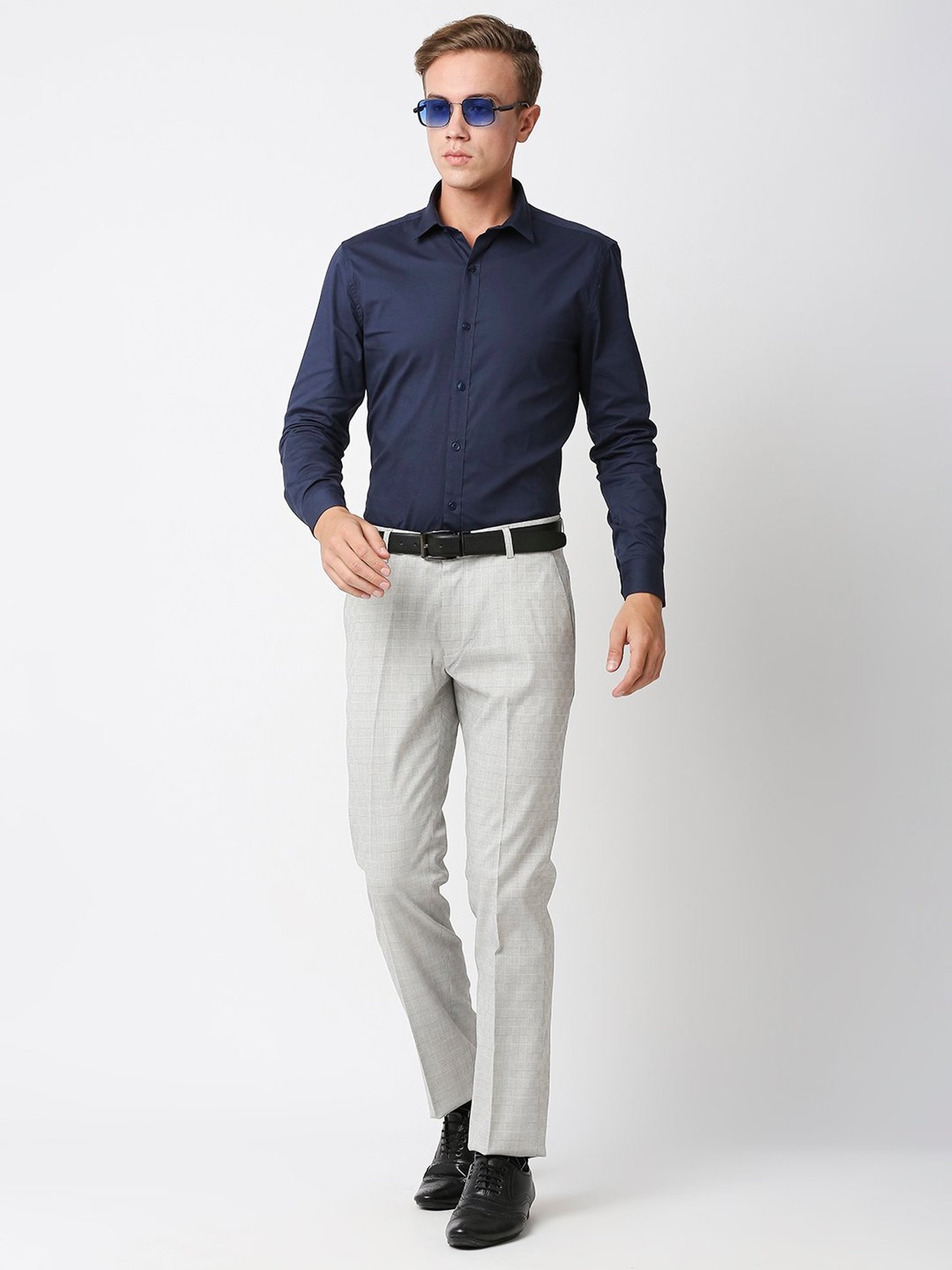 SOLEMIO Light Grey Slim Fit Check Flat Front Trousers