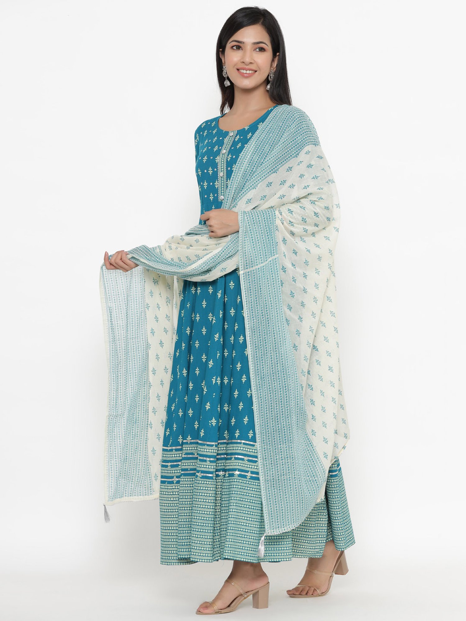 Kipek Blue Printed A Line Kurta With Dupatta